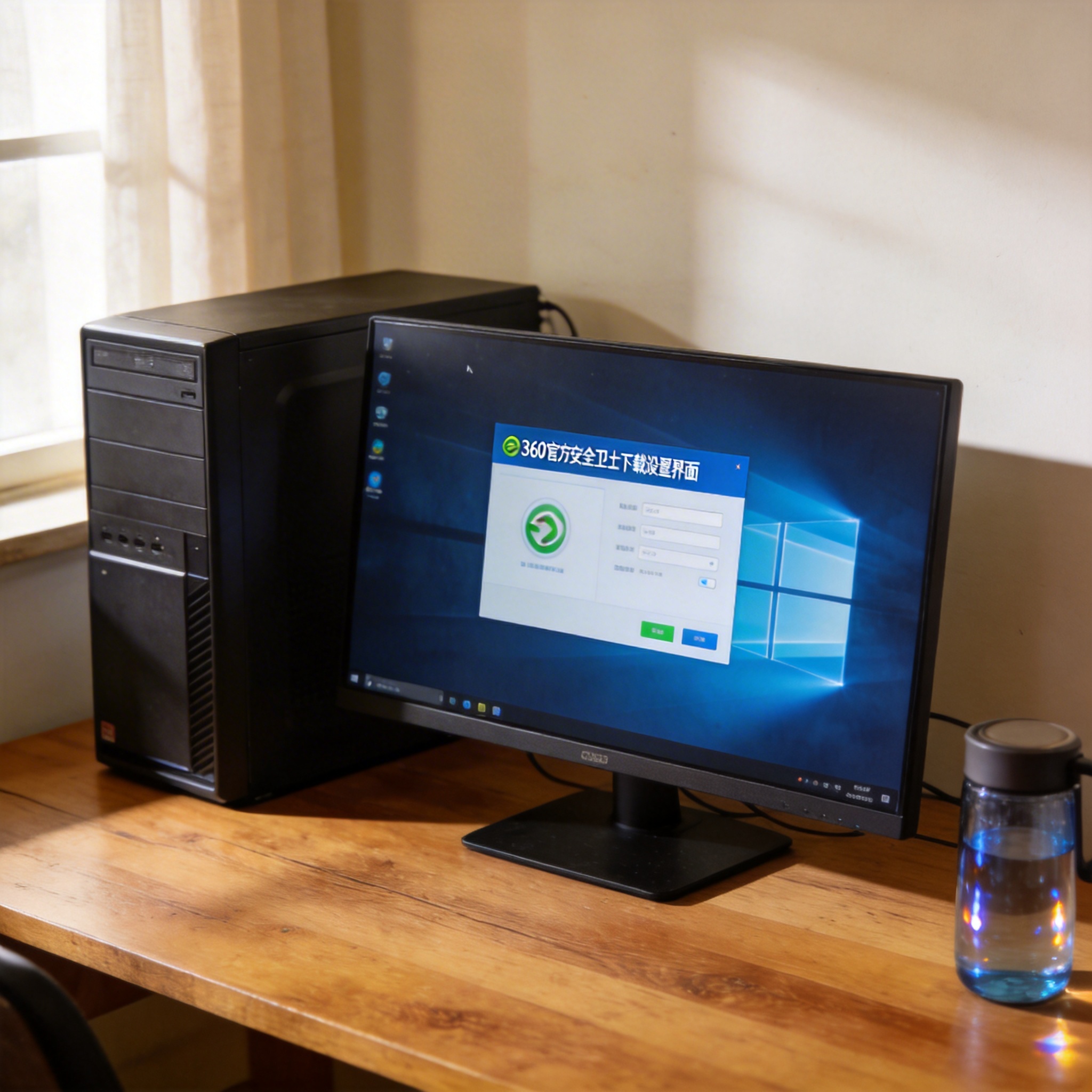 书桌上的主机，屏幕显示360 官方安全卫士下载设置界面，桌角放着水杯，自然光