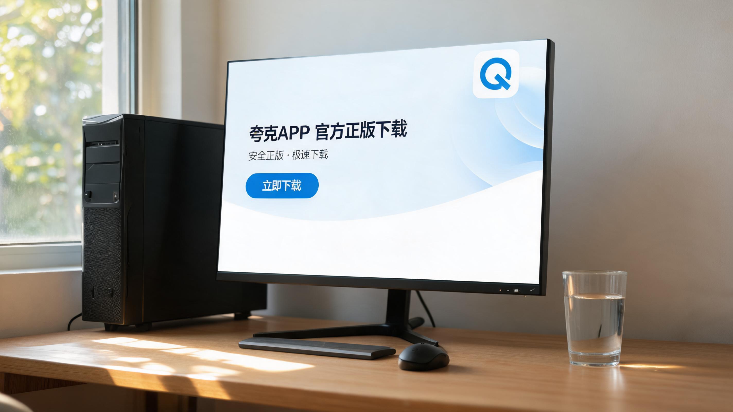 书桌上的主机，屏幕显示夸克 APP 官方正版下载设置界面，桌角放着水杯，自然光
