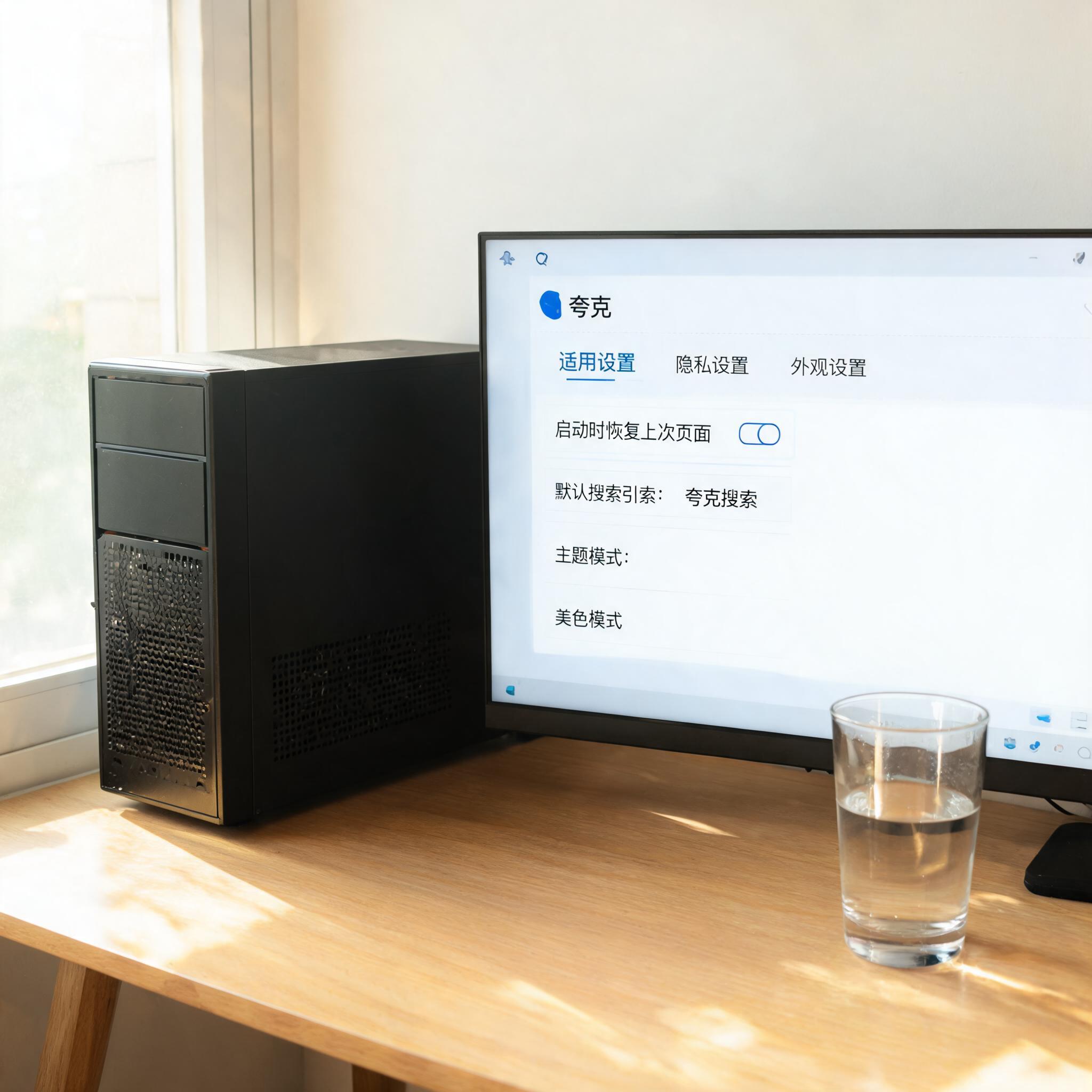 书桌上的主机，屏幕显示夸克设置界面，桌角放着水杯，自然光