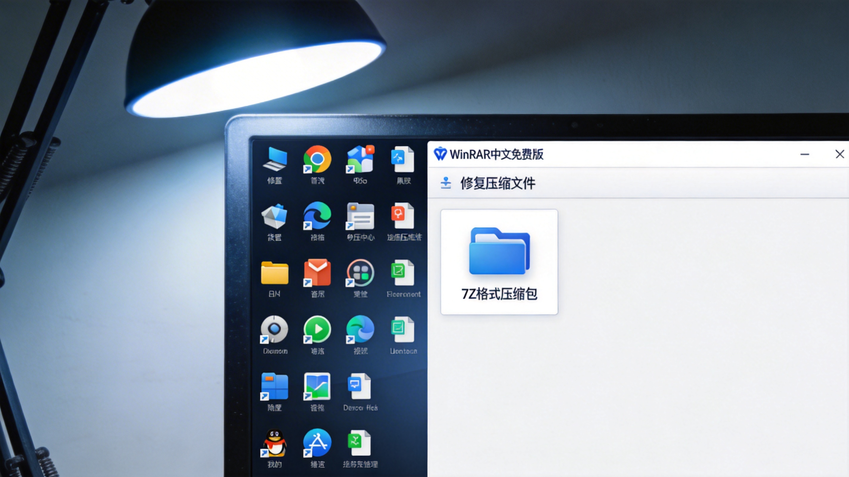 电脑屏幕显示WinRAR中文免费版的修复压缩文件界面，旁边的桌面有7Z格式压缩包，台灯冷光