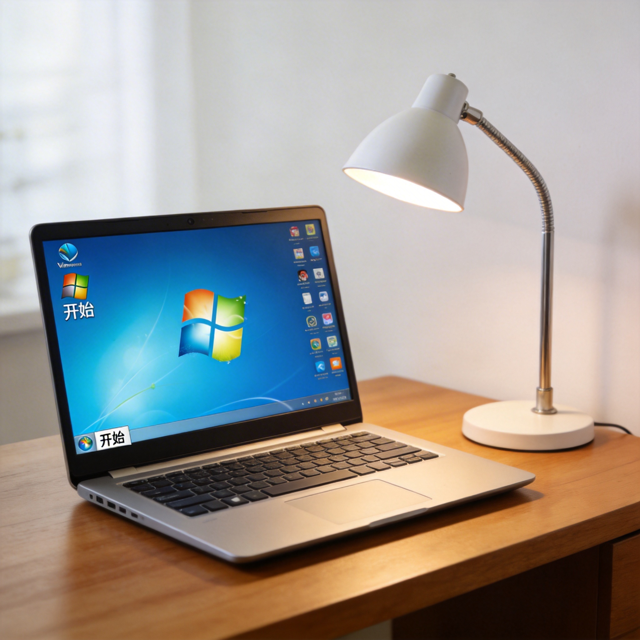 电脑桌上的电脑，屏幕显示Windows界面，旁边放着台灯