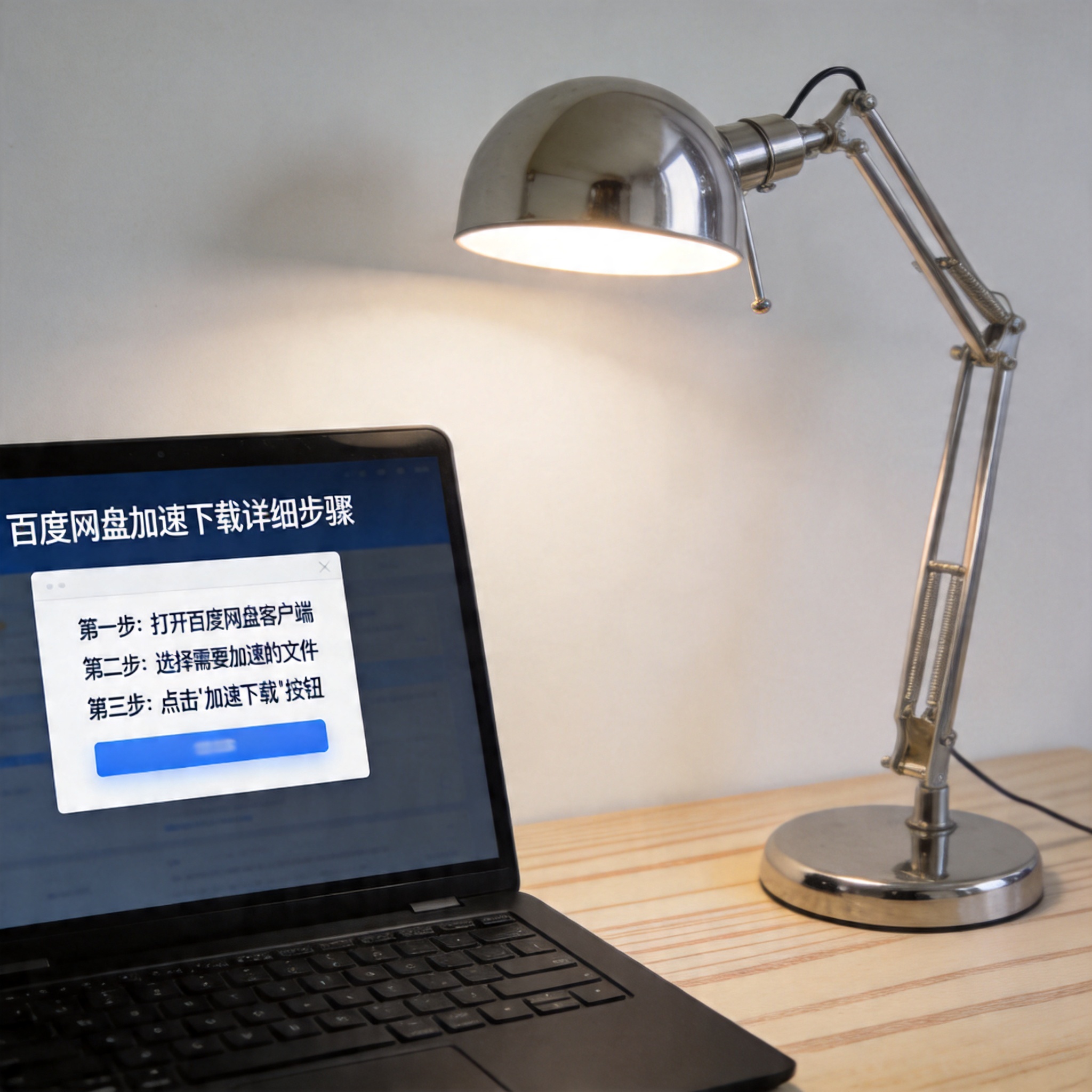 电脑桌上的电脑，屏幕显示百度网盘加速下载详细步骤界面，旁边放着台灯