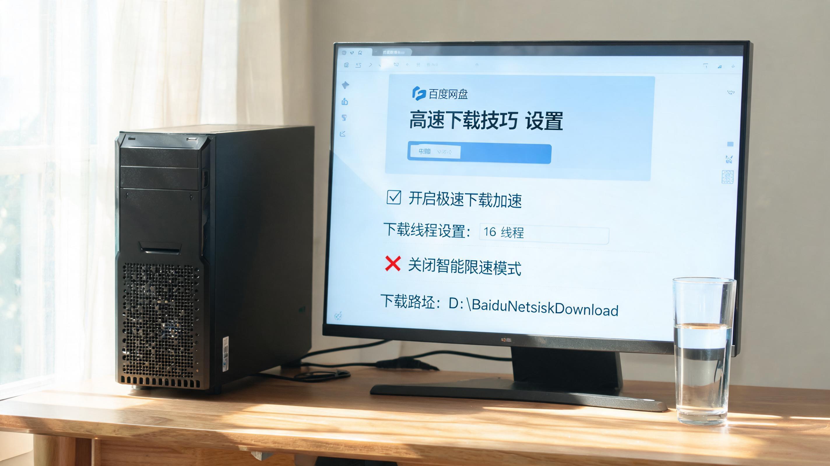 书桌上的主机，屏幕显示百度网盘高速下载技巧设置界面，桌角放着水杯，自然光