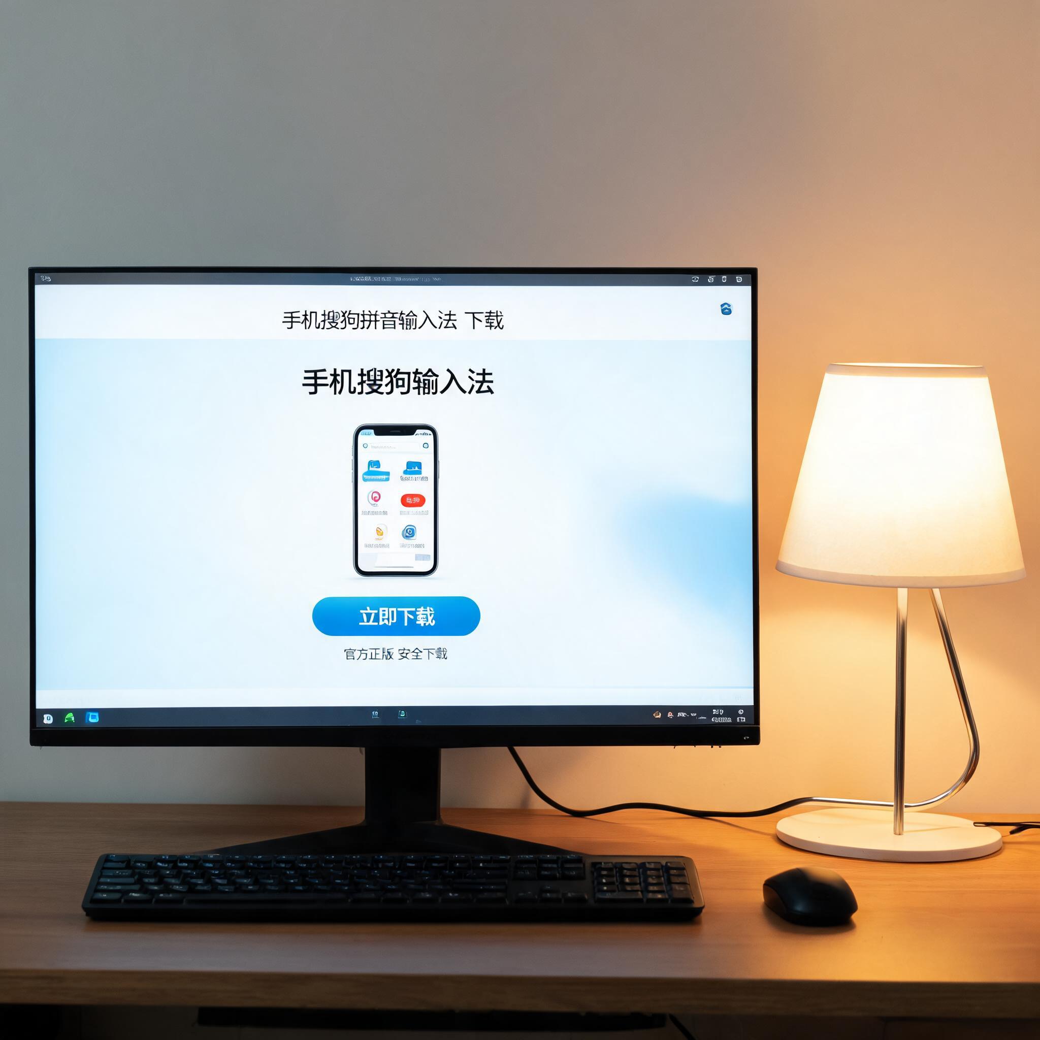 电脑桌上的电脑，屏幕显示手机搜狗拼音输入法下载界面，旁边放着台灯