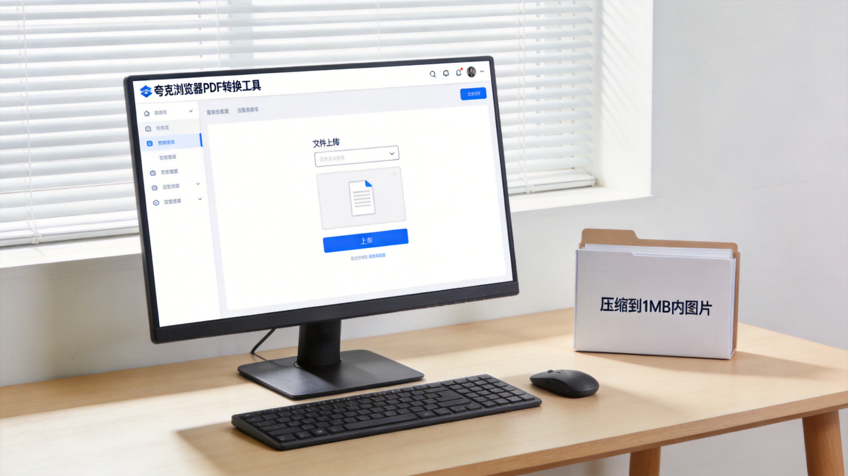电脑桌面，屏幕显示夸克浏览器PDF转换工具界面，页面上有文件上传框，旁边放着存有压缩到1MB内图片的文件夹，室内自然光