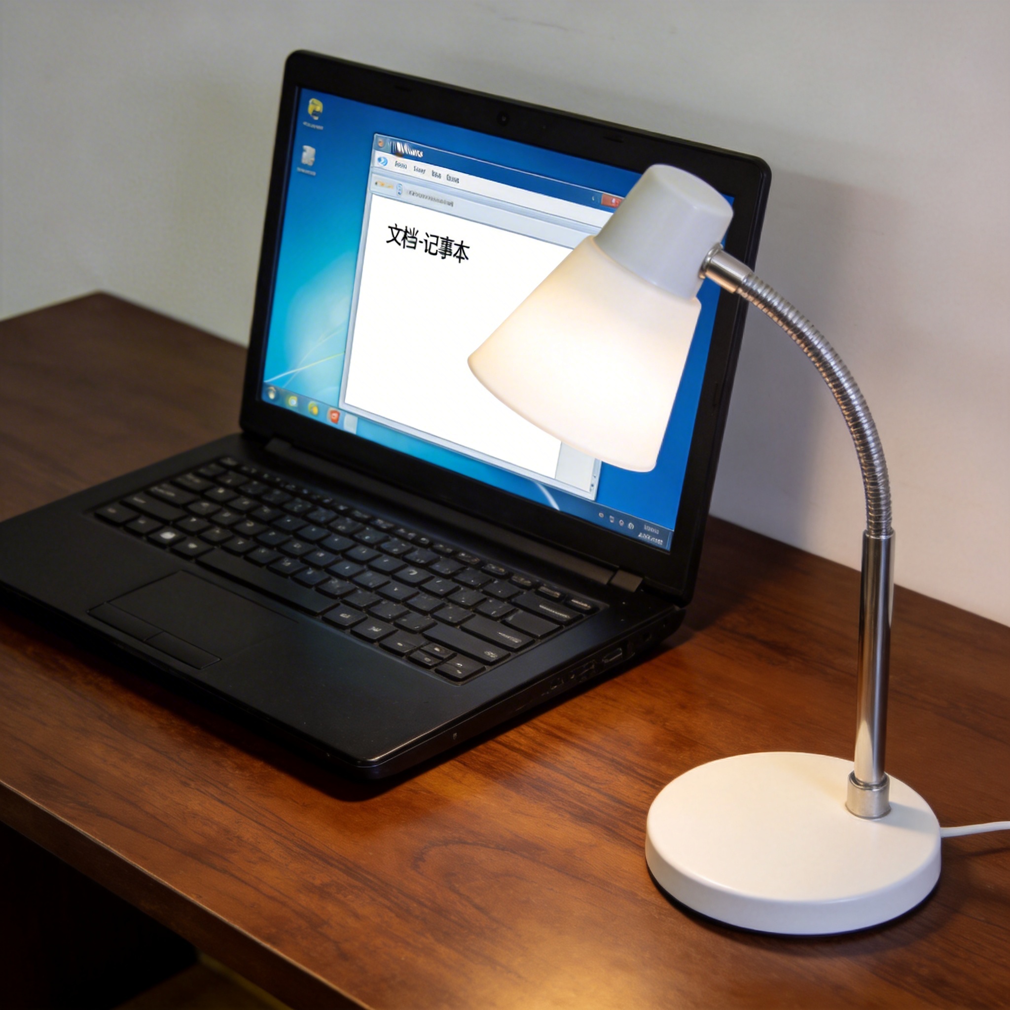 电脑桌上的电脑，屏幕显示Windows窗口，旁边放着台灯