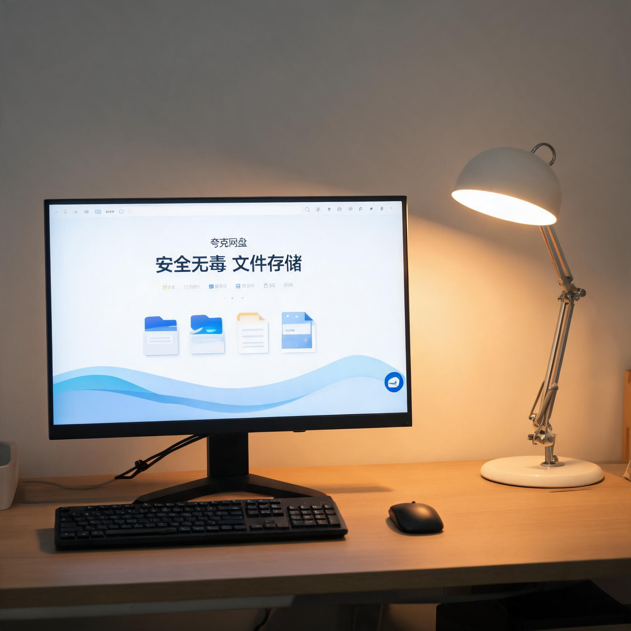 电脑桌上的电脑，屏幕显示夸克网盘安全无毒文件存储界面，旁边放着台灯