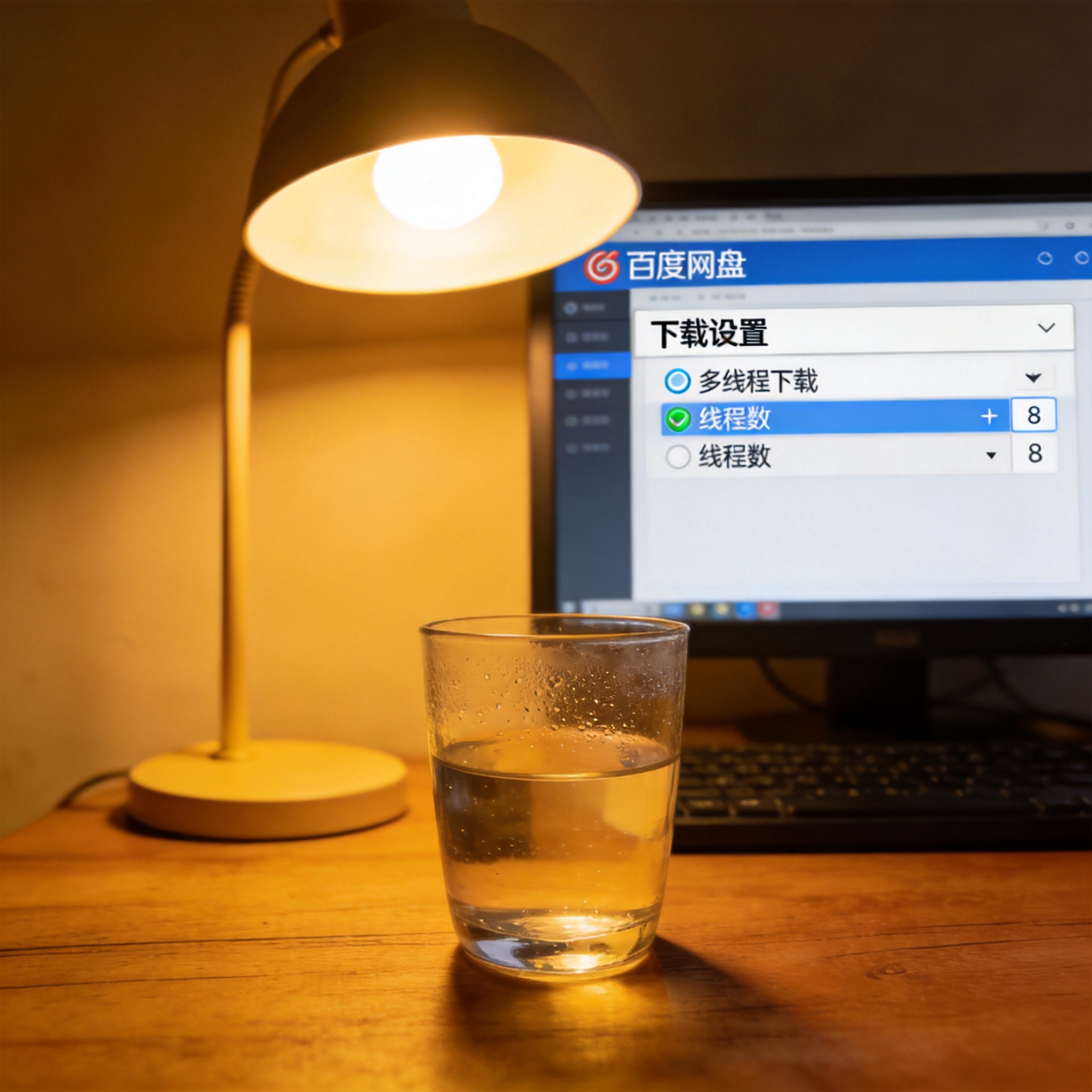 电脑屏幕显示百度网盘设置页面，“下载设置”栏里的多线程下载已开启，线程数调至8，旁边桌面放着半杯温水，台灯暖光