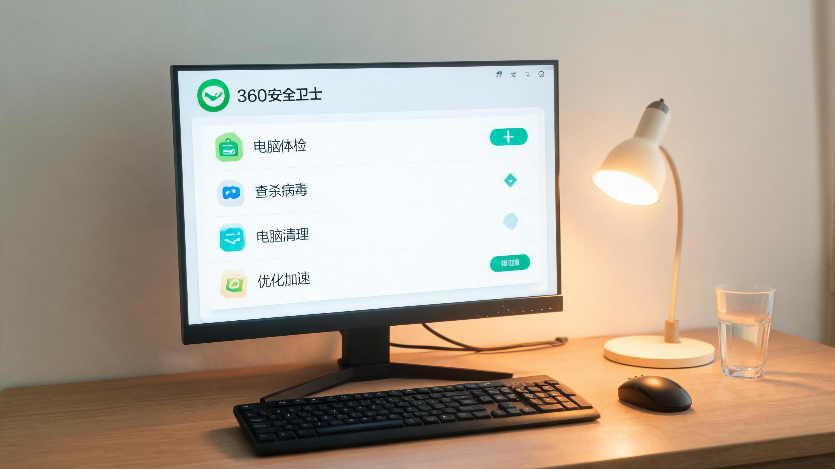 电脑桌上的电脑，屏幕显示360界面，旁边放着台灯