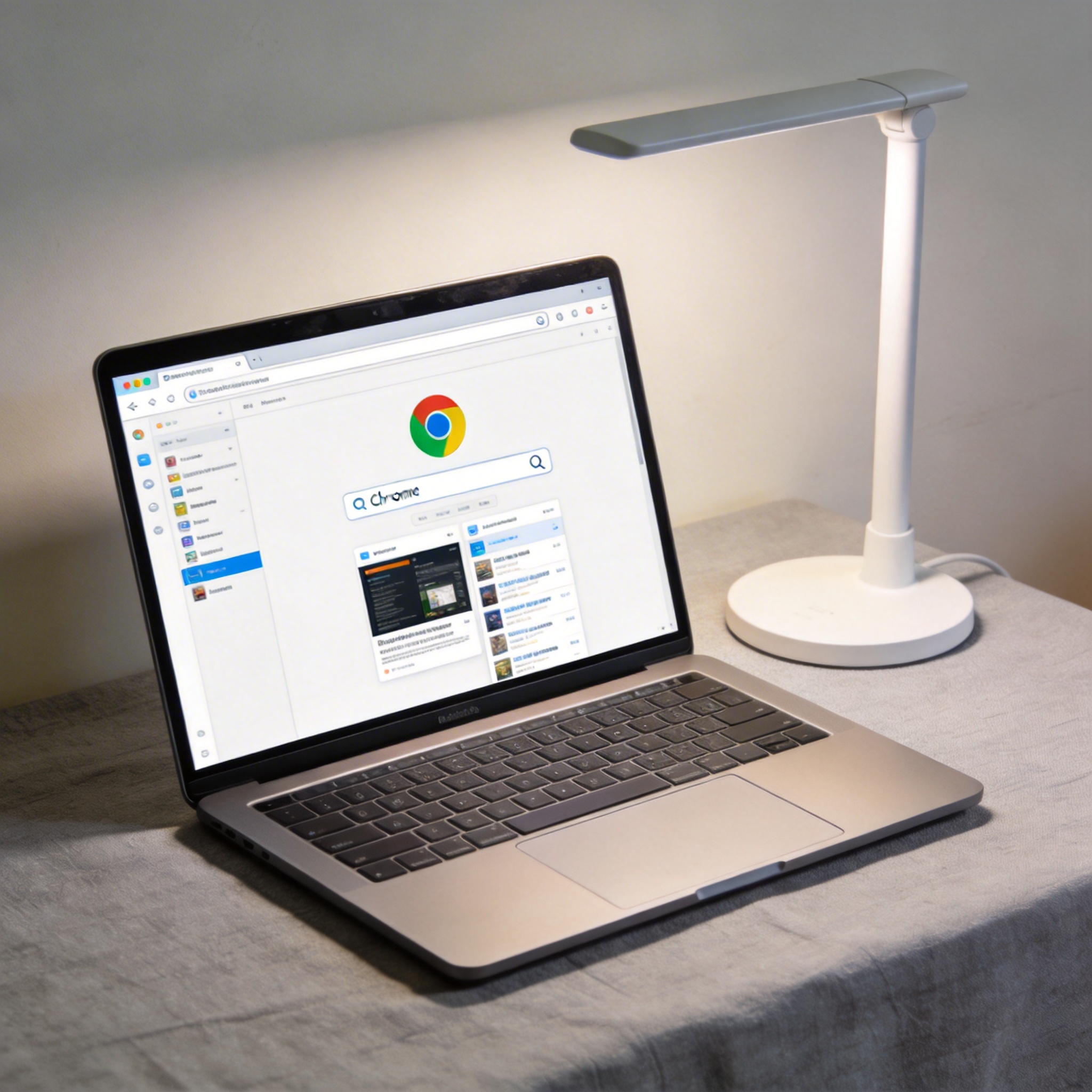电脑桌上的电脑，屏幕显示Chrome界面，旁边放着台灯