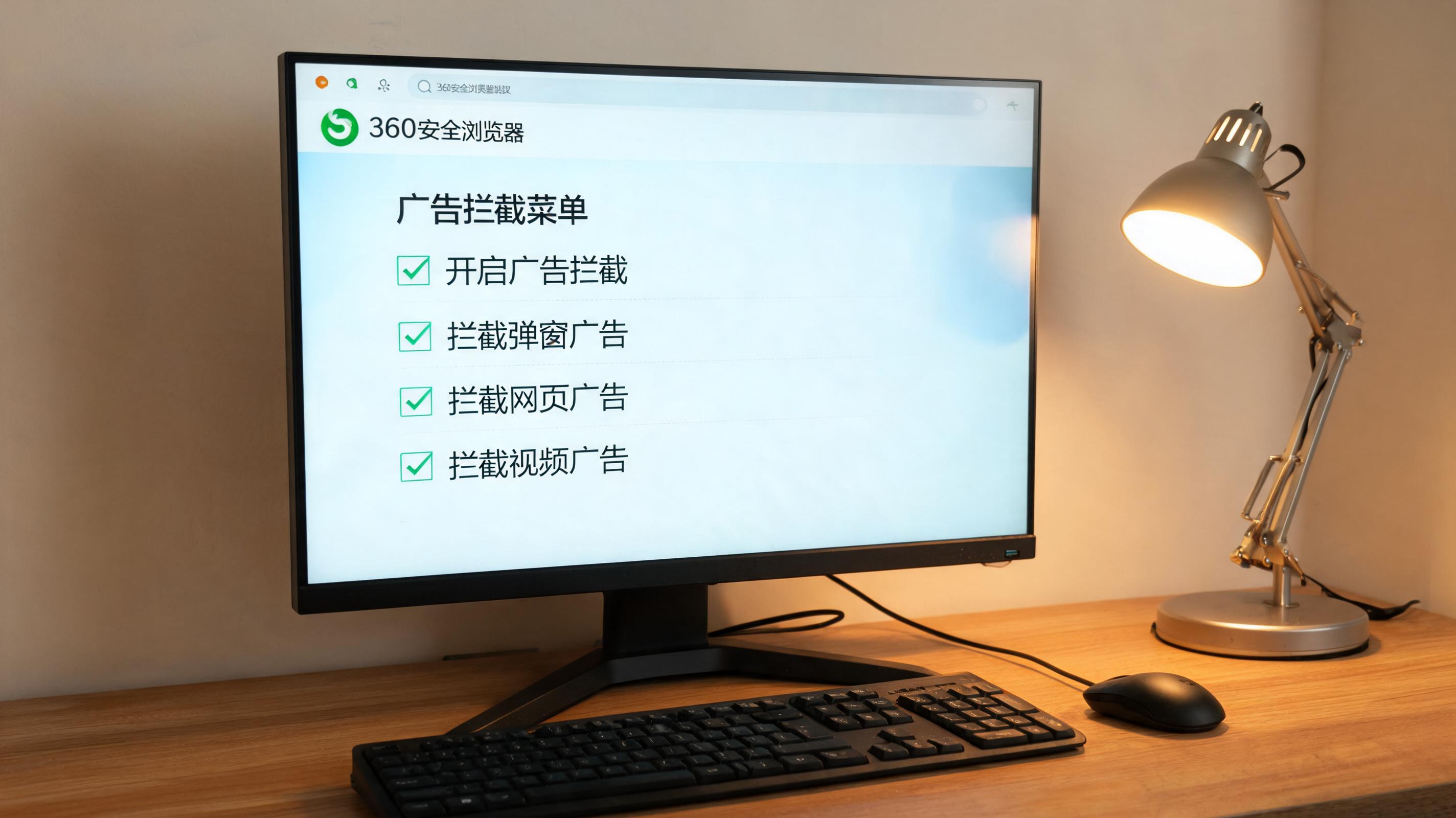 电脑桌上的电脑，屏幕显示360 安全浏览器广告拦截菜单，旁边放着台灯
