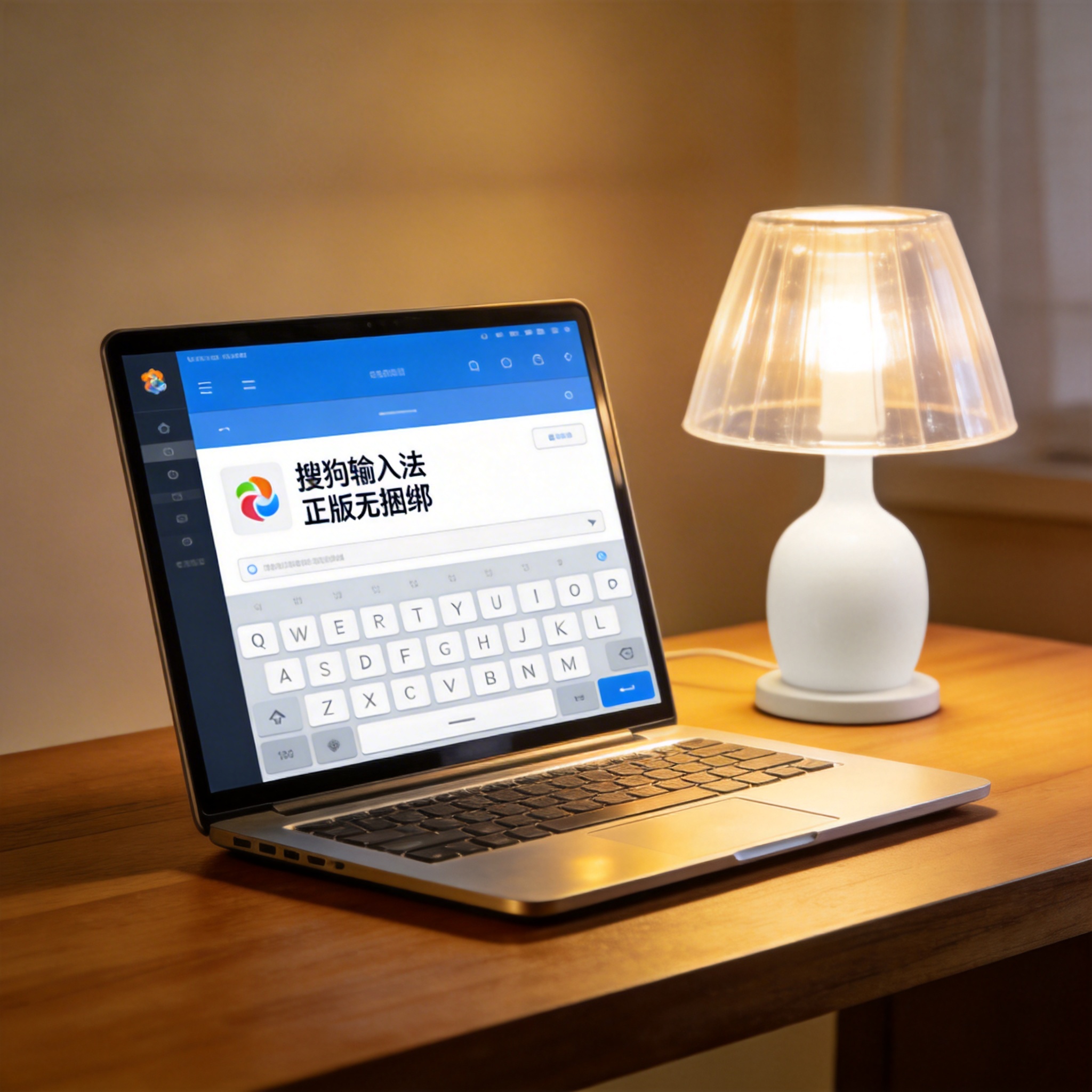 电脑桌上的电脑，屏幕显示搜狗输入法正版无捆绑桌面，旁边放着台灯