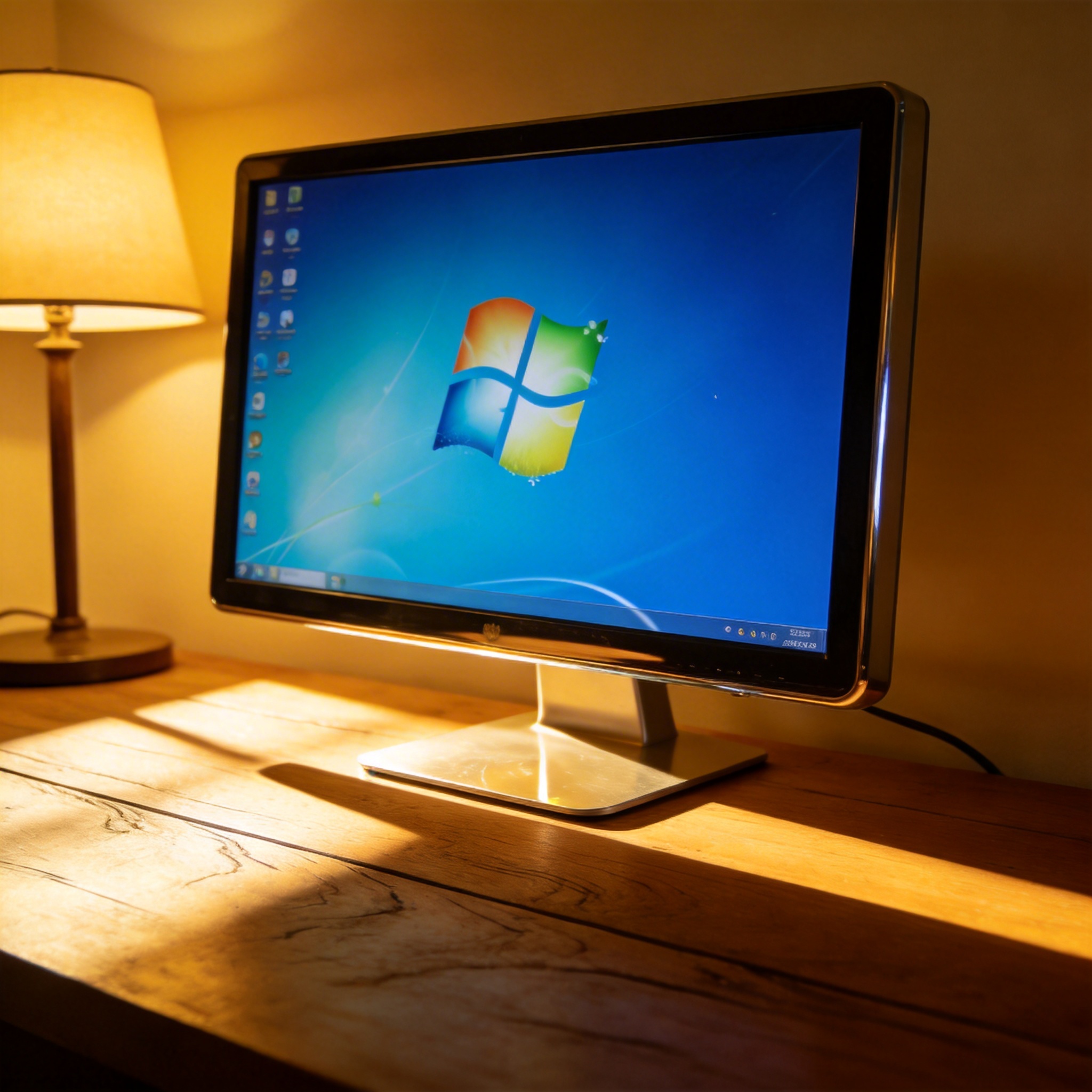 电脑桌上的电脑，屏幕显示Windows界面，旁边放着台灯