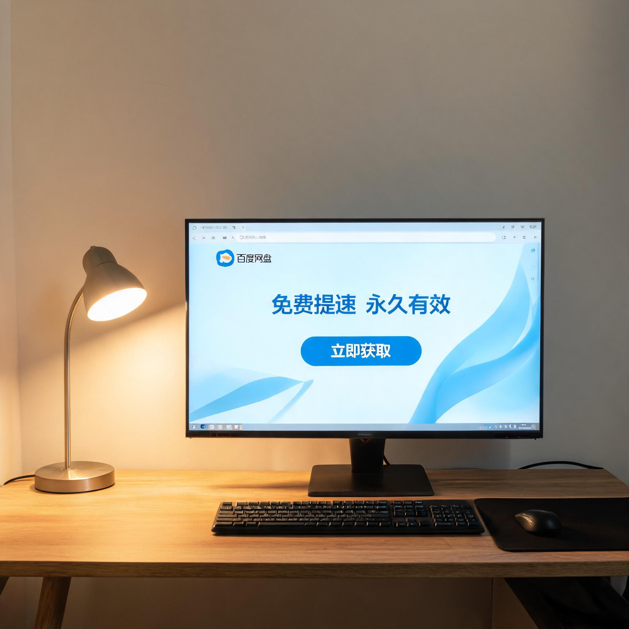 电脑桌上的电脑，屏幕显示百度网盘免费提速永久有效界面，旁边放着台灯