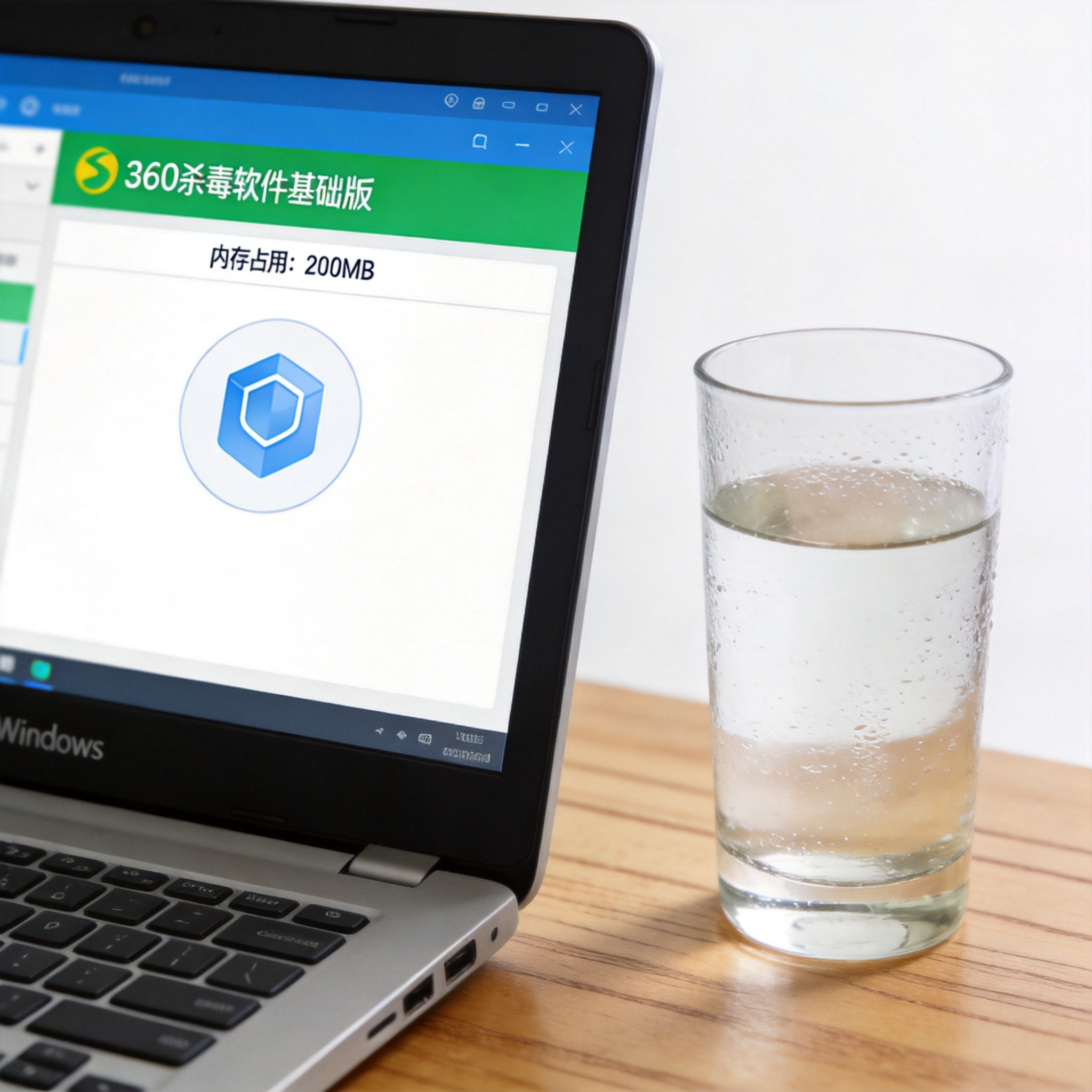 Windows系统的电脑放在桌面上，屏幕显示360杀毒软件基础版界面，界面标注内存占用200MB，旁边放着半杯凉白开，室内自然光