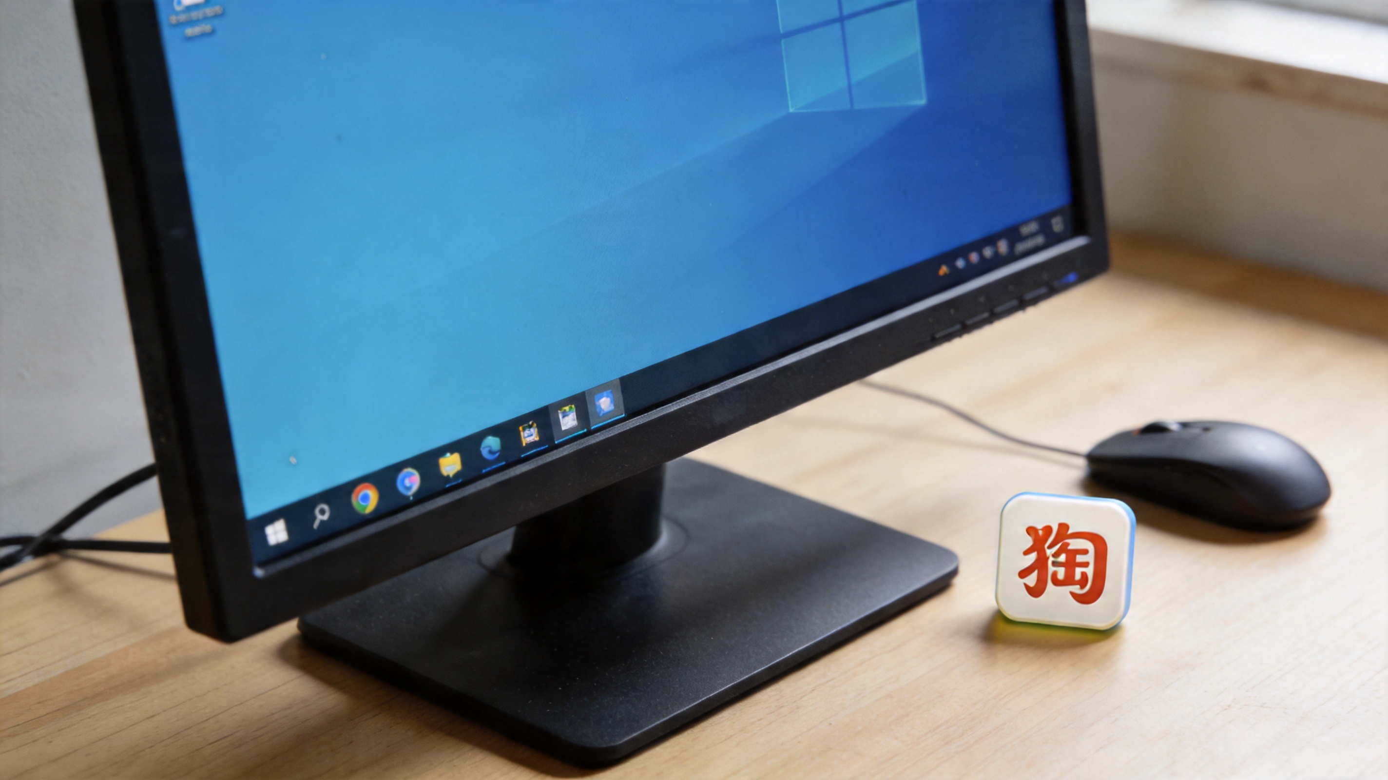 电脑桌面，屏幕显示Windows系统任务栏的搜狗输入法图标，旁边放着鼠标，室内自然光