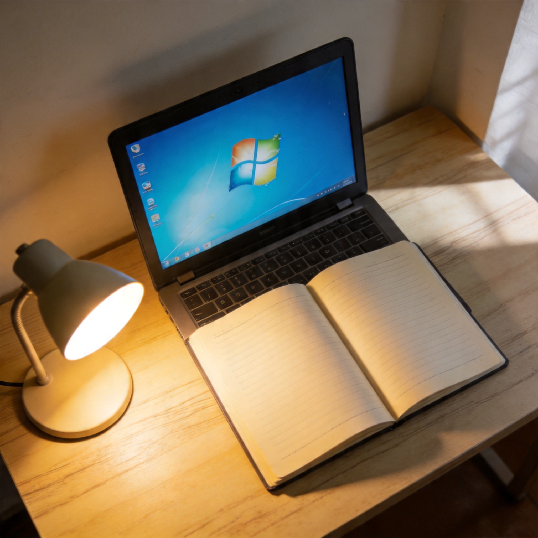 电脑桌上的笔记本，屏幕显示Windows界面，旁边放着台灯