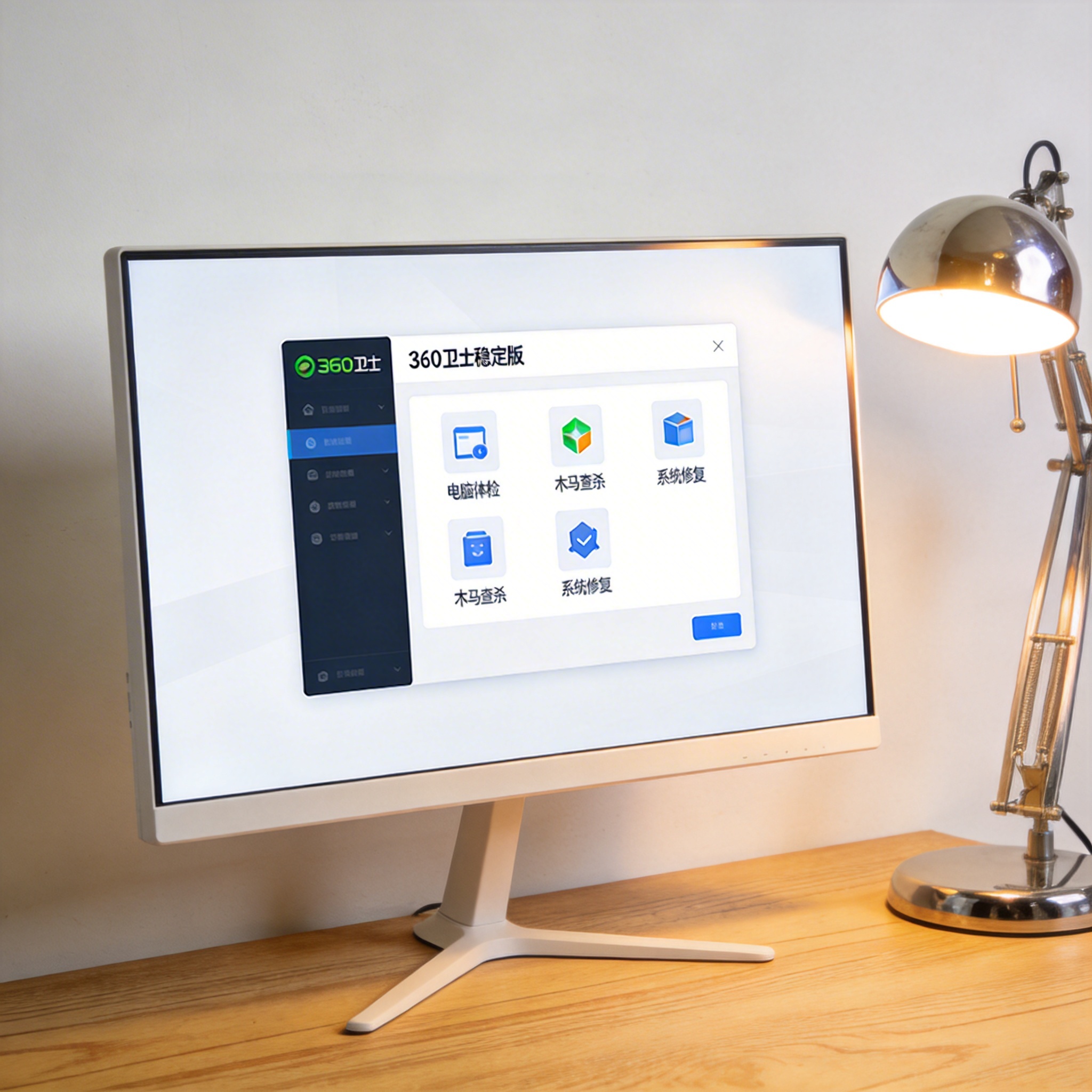 电脑桌上的电脑，屏幕显示360 卫士稳定版界面，旁边放着台灯