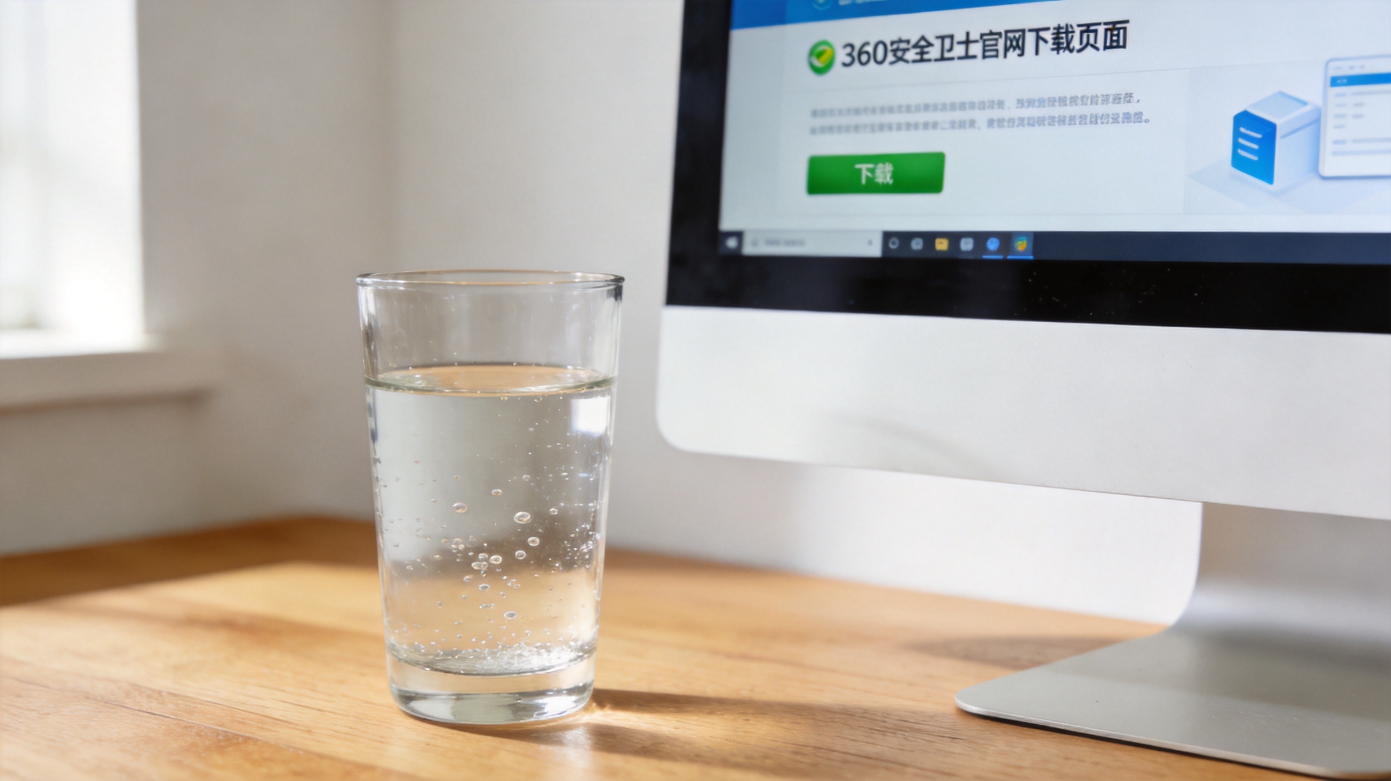 电脑桌面，屏幕显示360安全卫士官网下载页面，旁边放着半杯凉白开，室内自然光