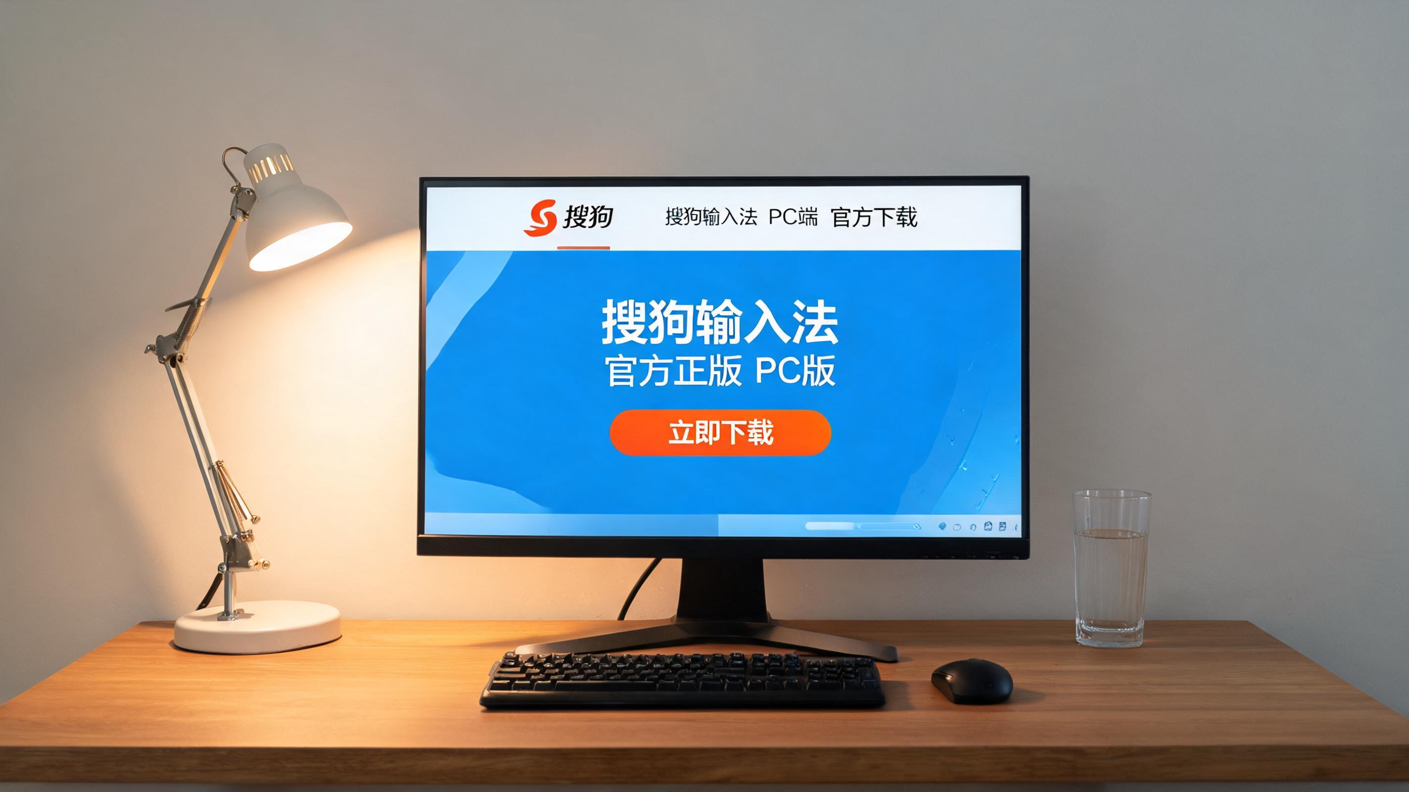 电脑桌上的电脑，屏幕显示PC 端搜狗输入法官方下载安装界面，旁边放着台灯