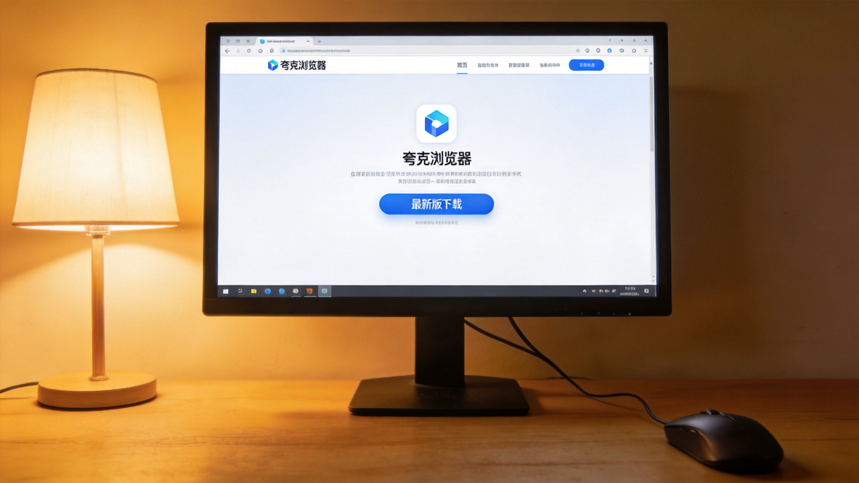 台式机电脑屏幕显示夸克浏览器官方官网页面，页面上有最新版下载按钮，桌面角落摆着有线鼠标，台灯暖光