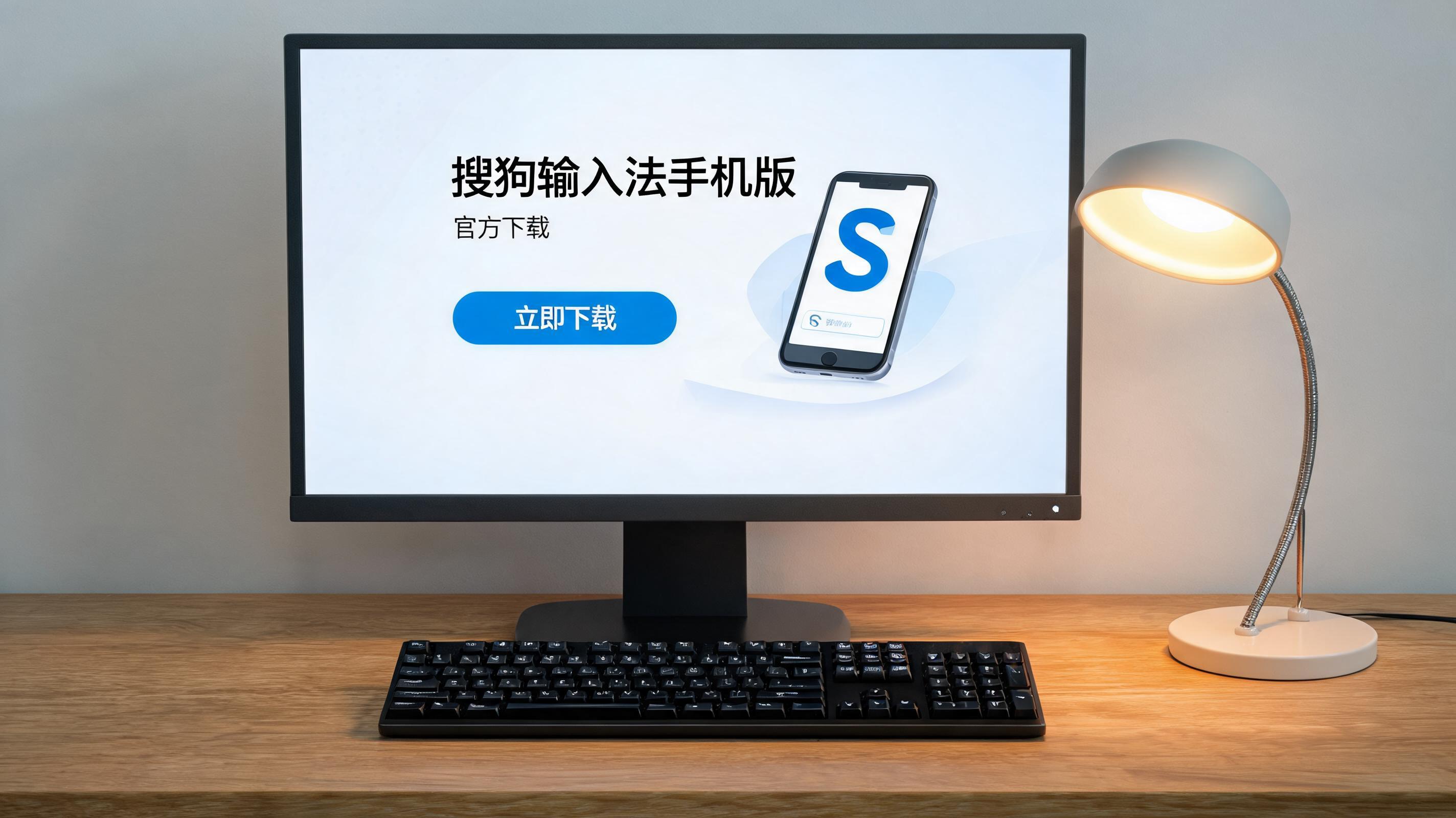 电脑桌上的键盘，屏幕显示搜狗输入法手机版下载界面，旁边放着台灯