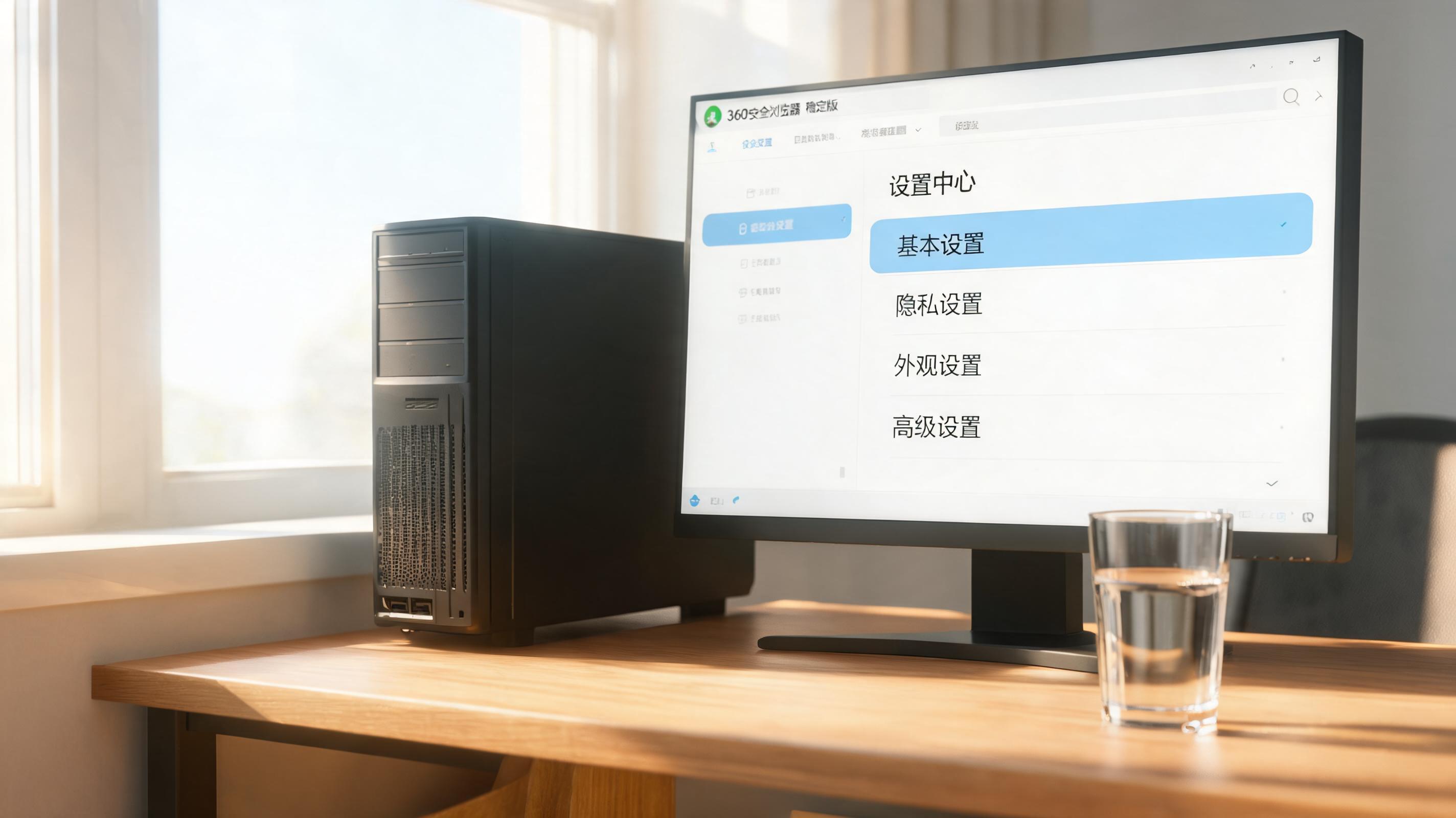 书桌上的主机，屏幕显示360 浏览器稳定版设置界面，桌角放着水杯，自然光