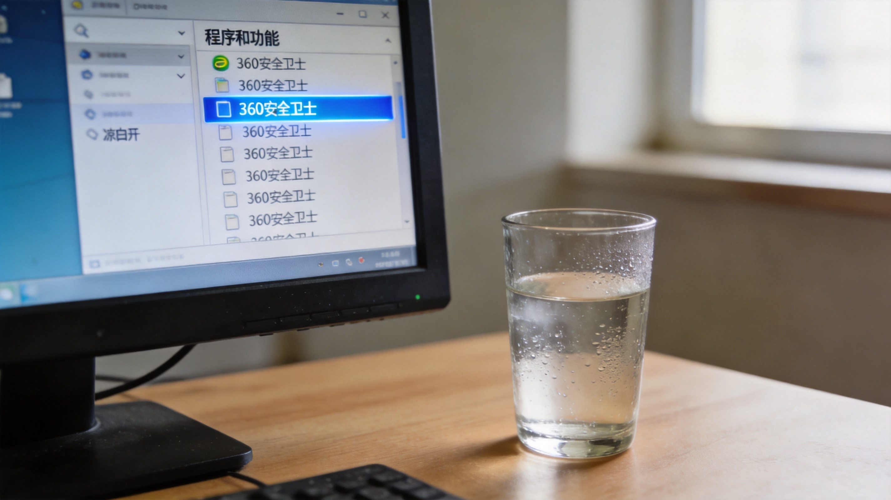 电脑桌面，屏幕显示控制面板的程序和功能界面，列表里选中360安全卫士，旁边放着半杯凉白开，室内自然光