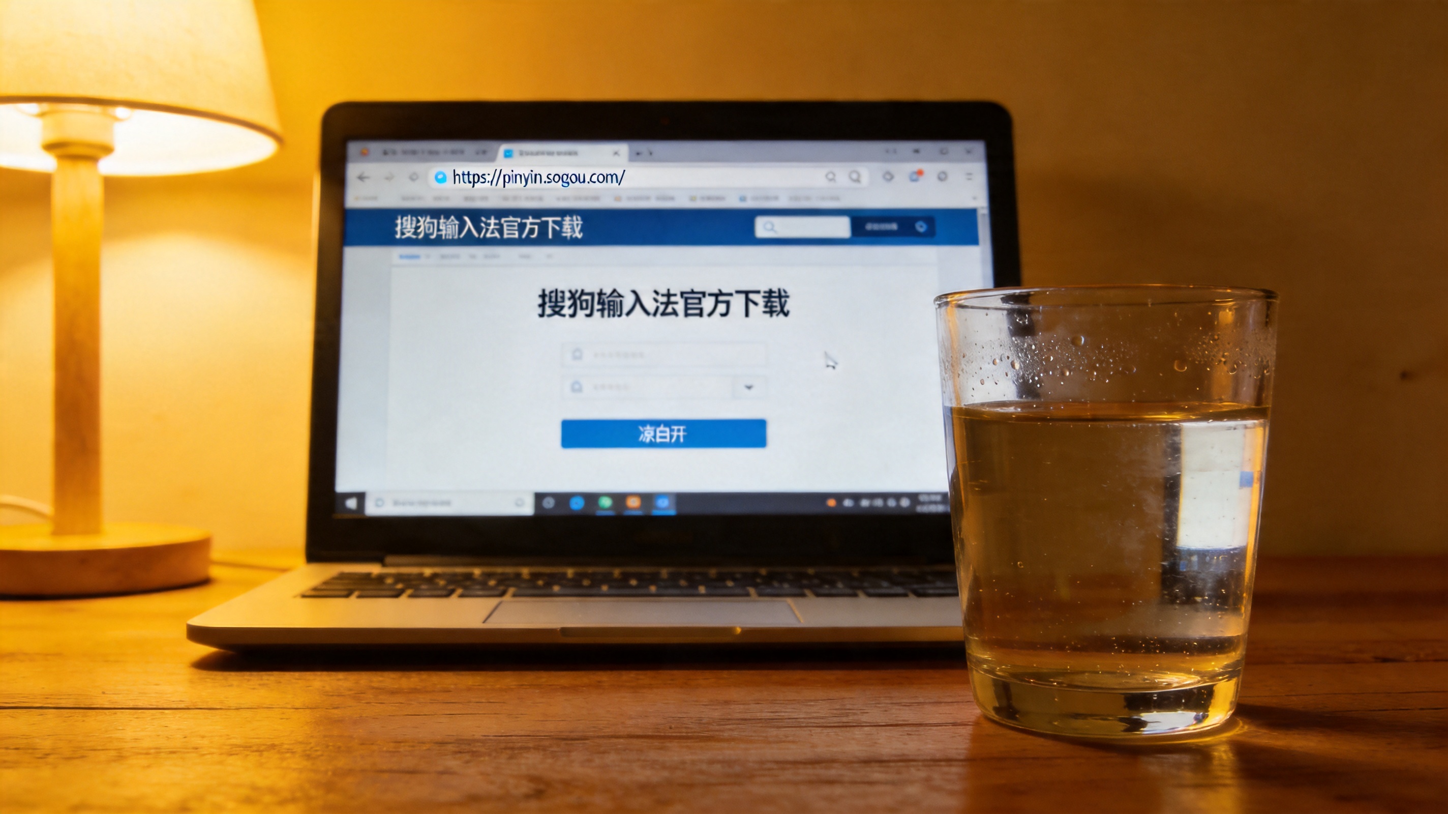 电脑屏幕显示搜狗输入法官方下载页面，浏览器地址栏是官方域名，旁边放着半杯凉白开，台灯暖光