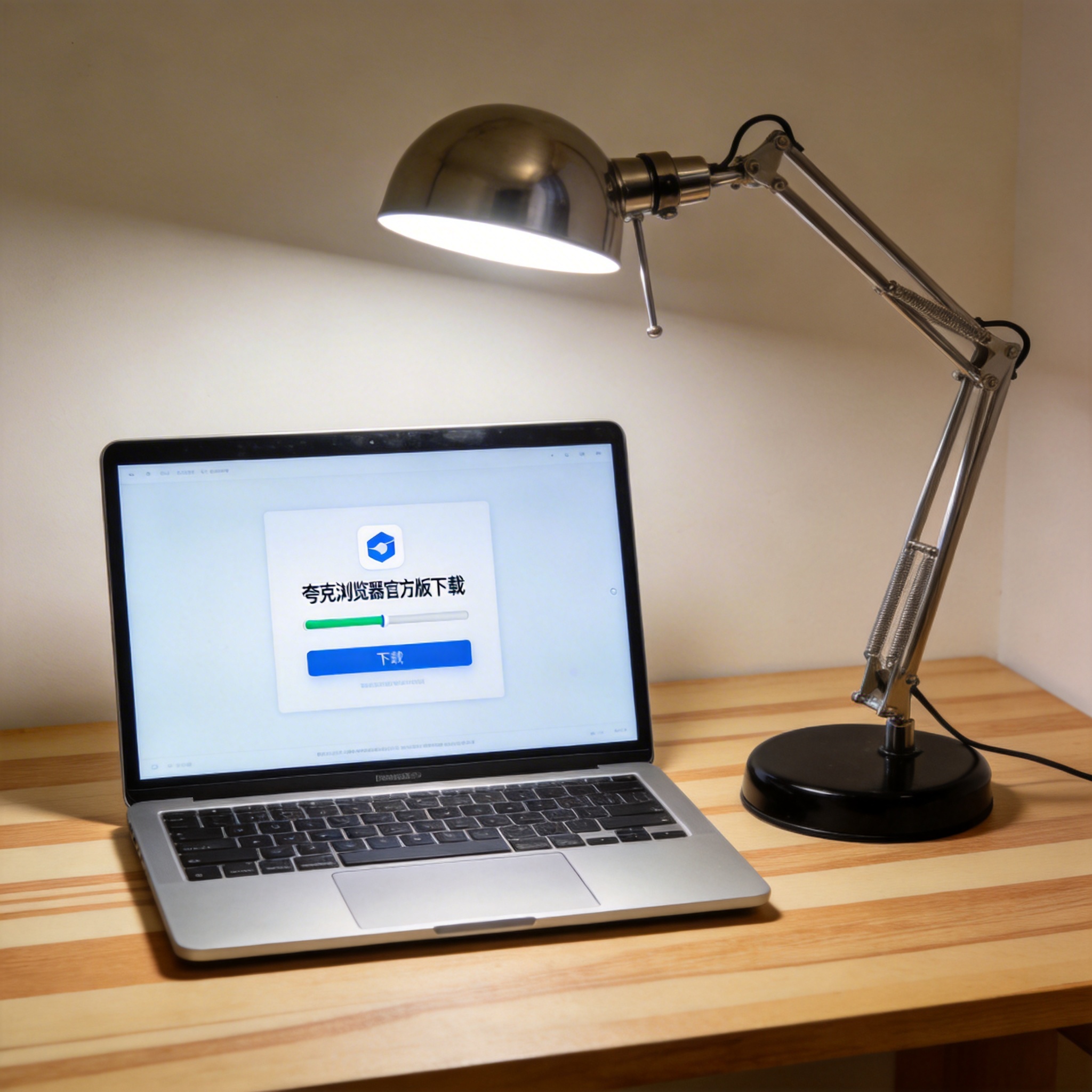 电脑桌上的电脑，屏幕显示夸克浏览器官方版下载界面，旁边放着台灯
