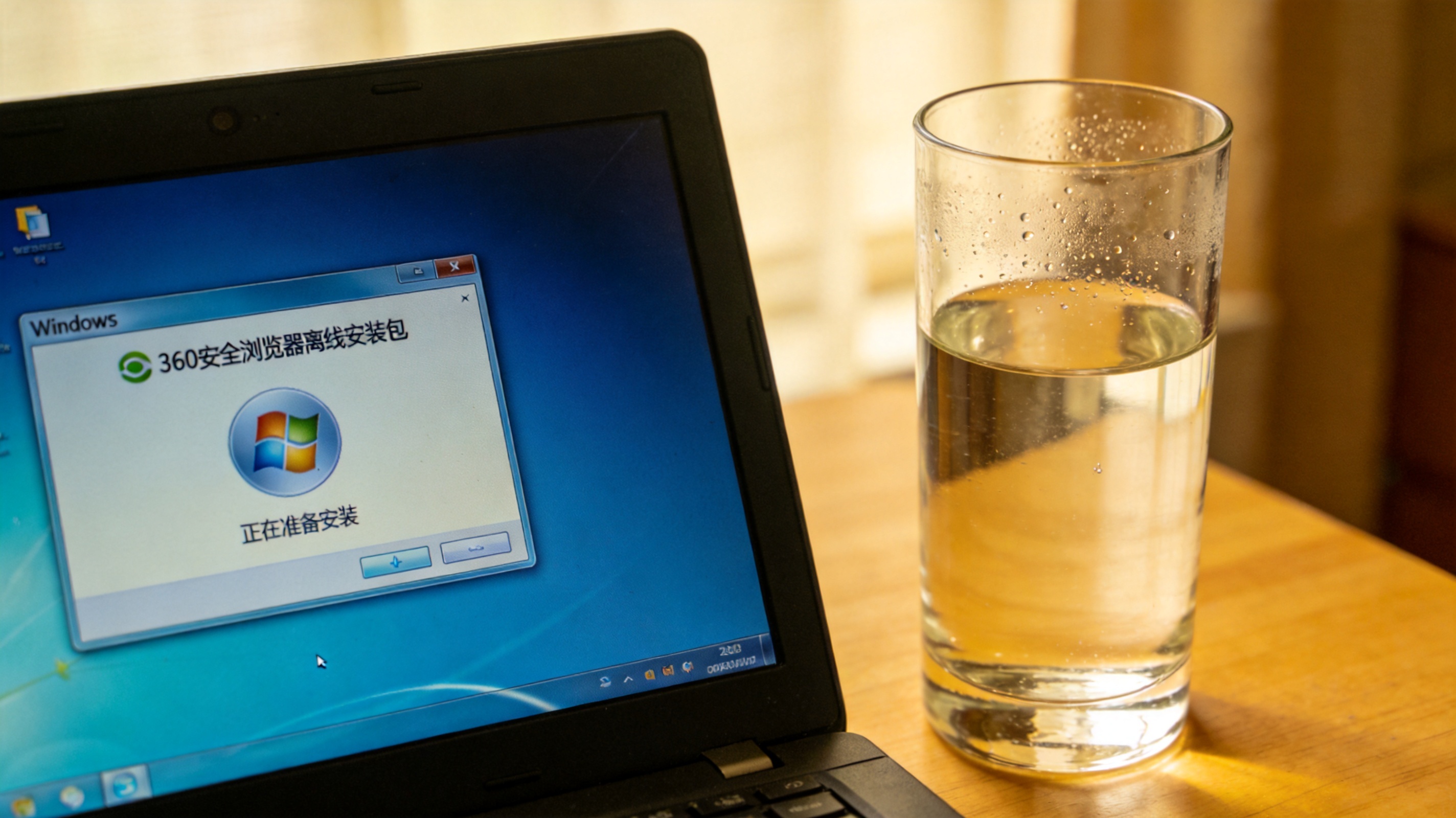 电脑桌面放着360安全浏览器离线安装包文件，屏幕显示Windows系统下的安装界面，旁边摆着半杯温水，室内自然光