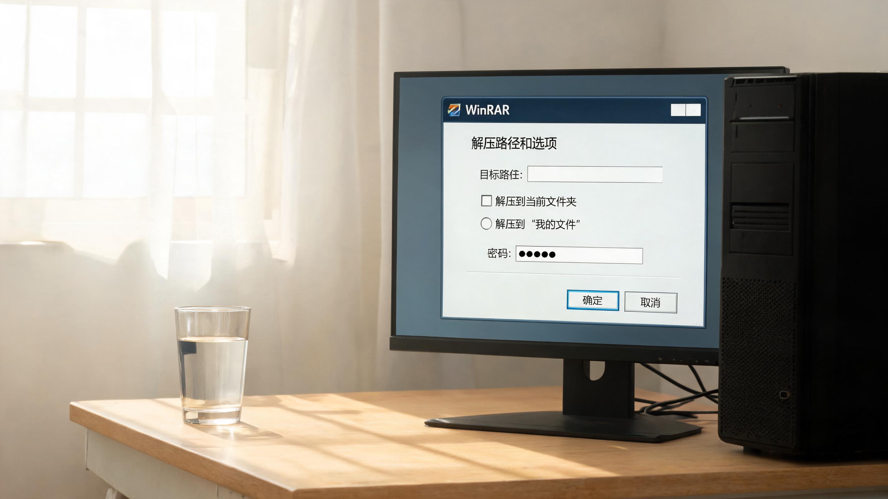 书桌上的主机，屏幕显示winrar 加密压缩文件解压设置界面，桌角放着水杯，自然光