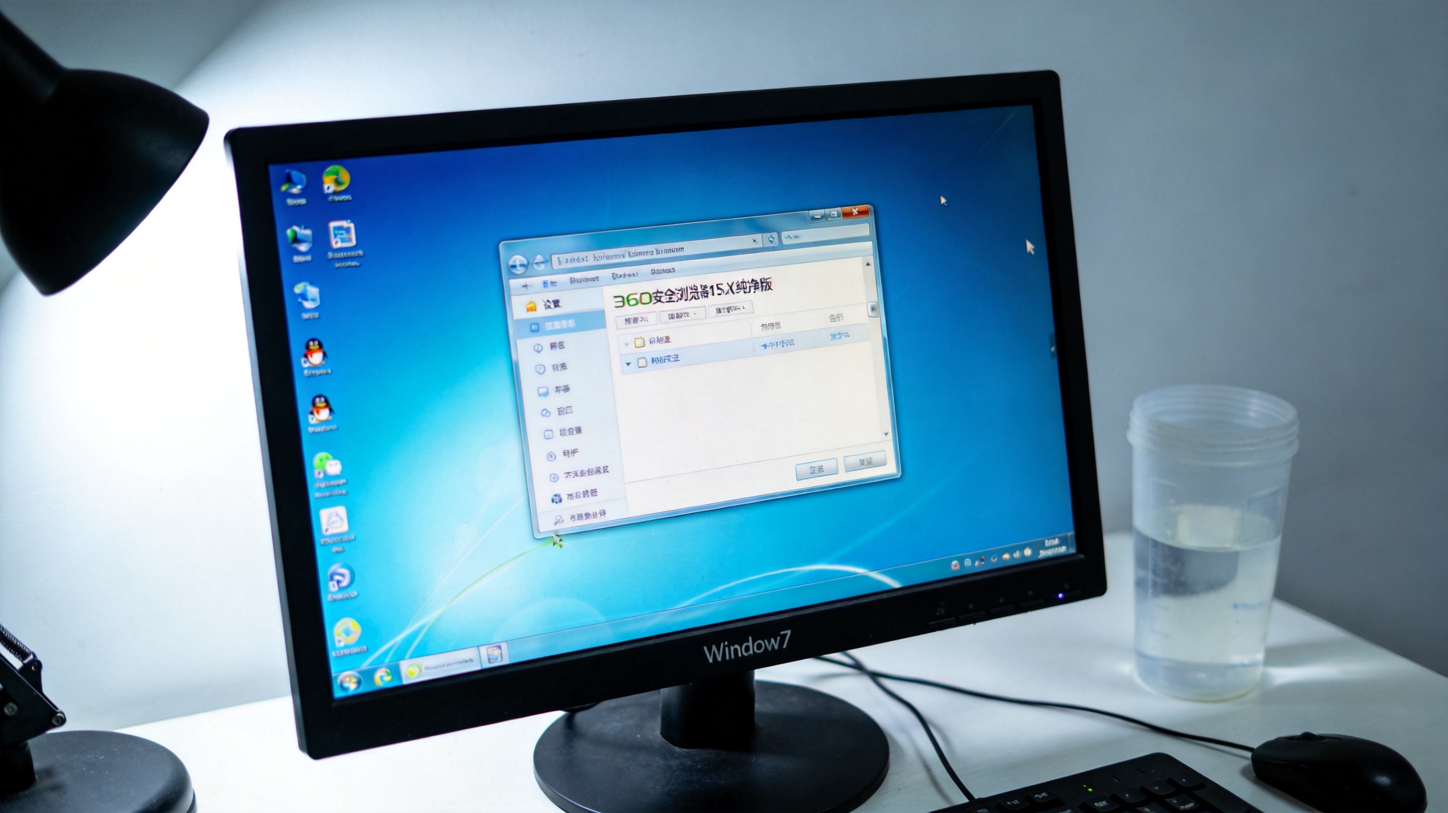 Windows7系统的电脑屏幕，显示360安全浏览器15.X纯净版的设置界面，桌面放着半透明塑料水杯，台灯冷光