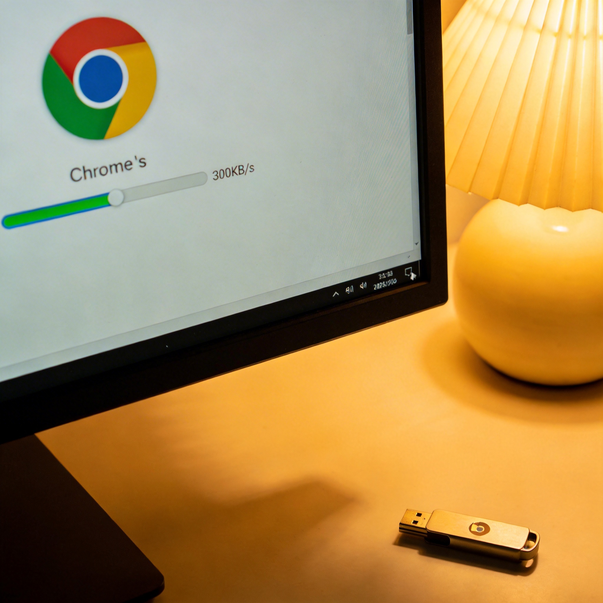 电脑屏幕显示Chrome浏览器下载界面，进度条旁标注300KB/s，桌面角落放着U盘，台灯暖光