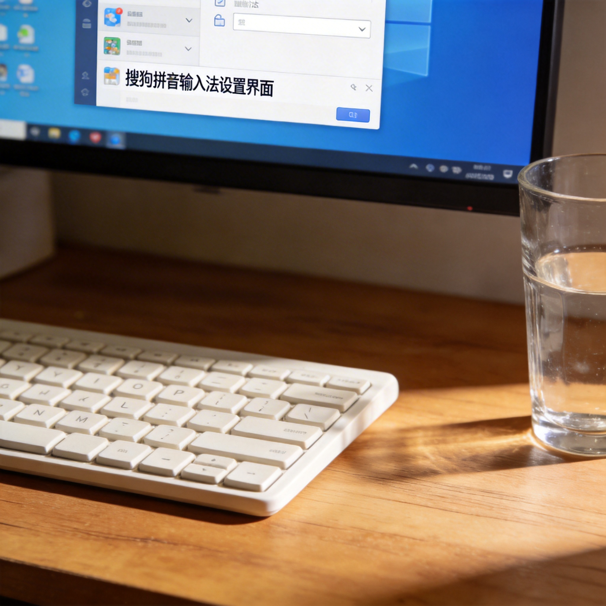 书桌上的键盘，屏幕显示搜狗拼音输入法怎么设置设置界面，桌角放着水杯，自然光
