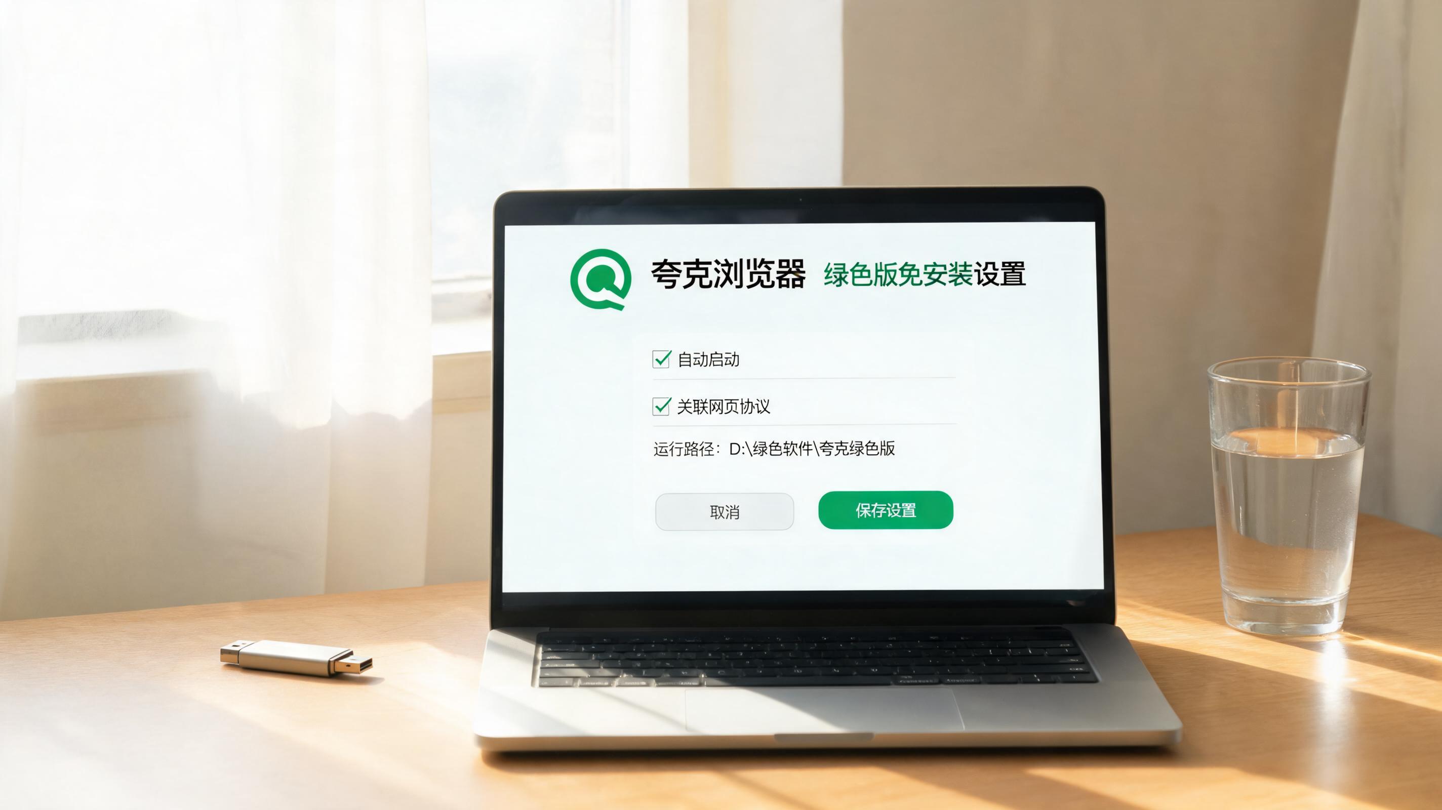 书桌上的U盘，屏幕显示夸克浏览器绿色版免安装设置界面，桌角放着水杯，自然光