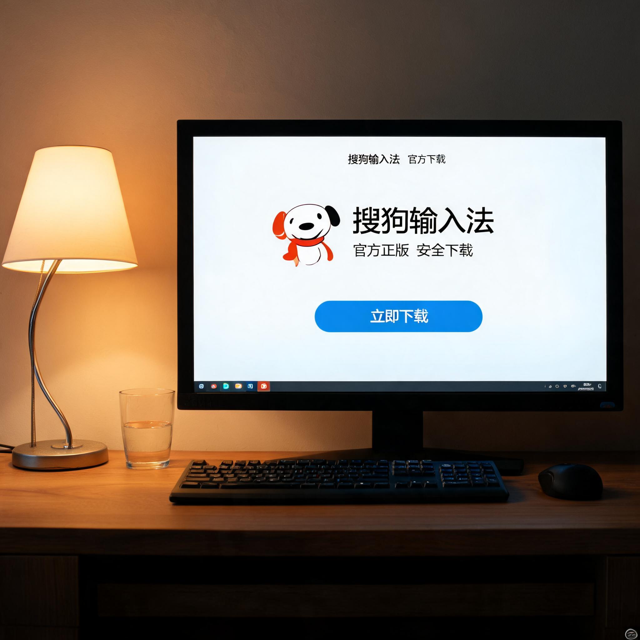 电脑桌上的电脑，屏幕显示搜狗输入法下载界面，旁边放着台灯