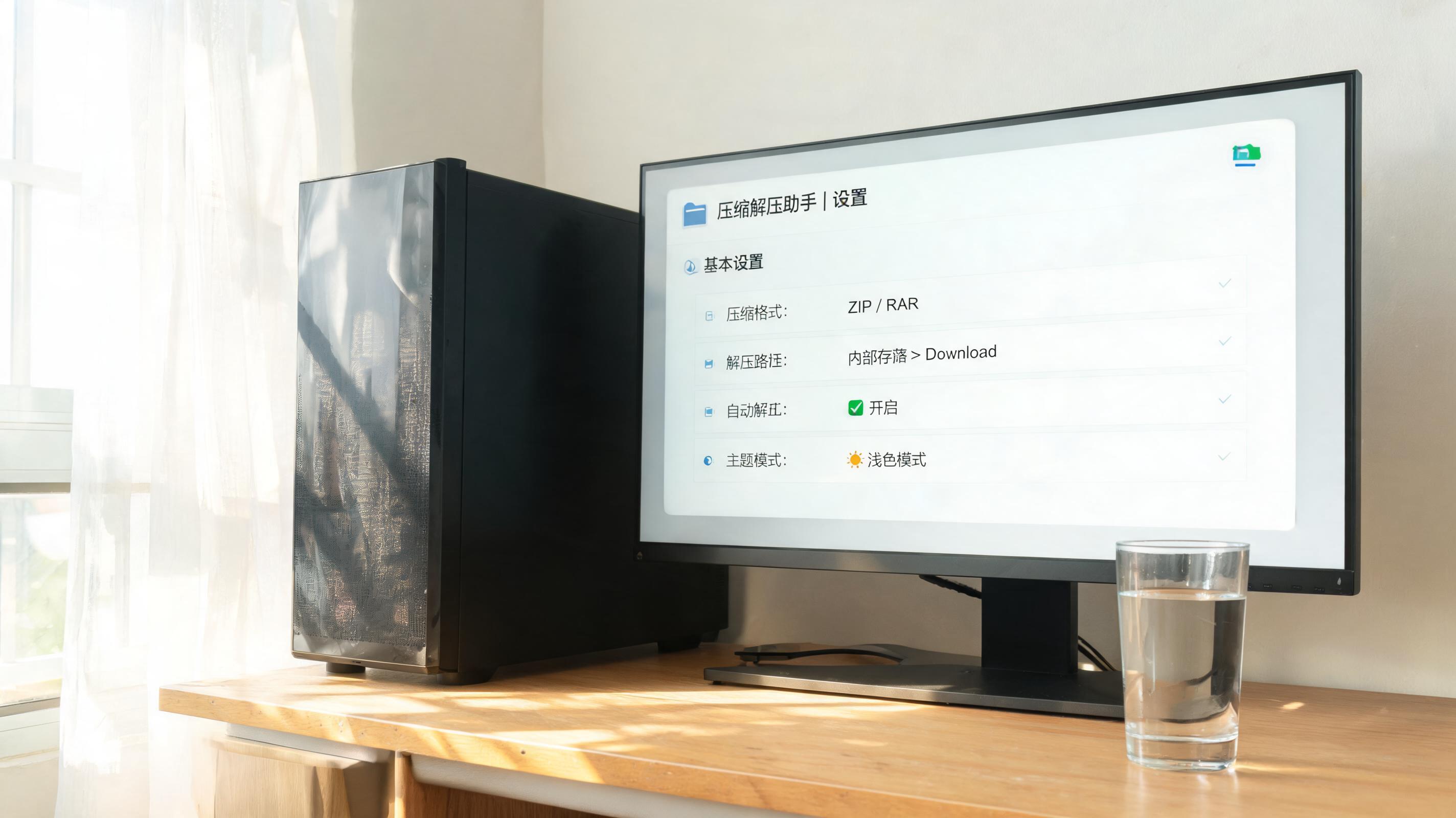 书桌上的主机，屏幕显示手机文件压缩解压缩软件设置界面，桌角放着水杯，自然光