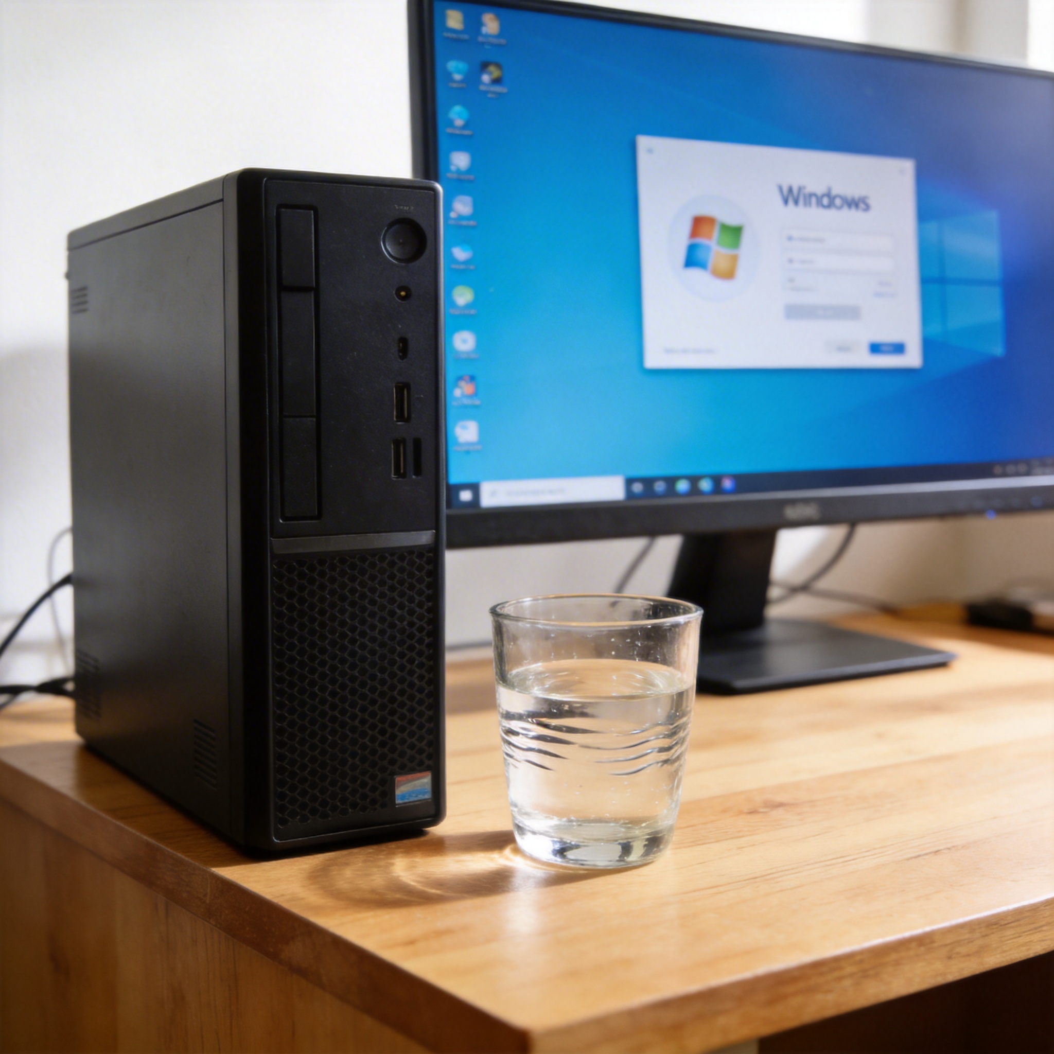 书桌上的主机，屏幕显示Windows设置界面，桌角放着水杯，自然光