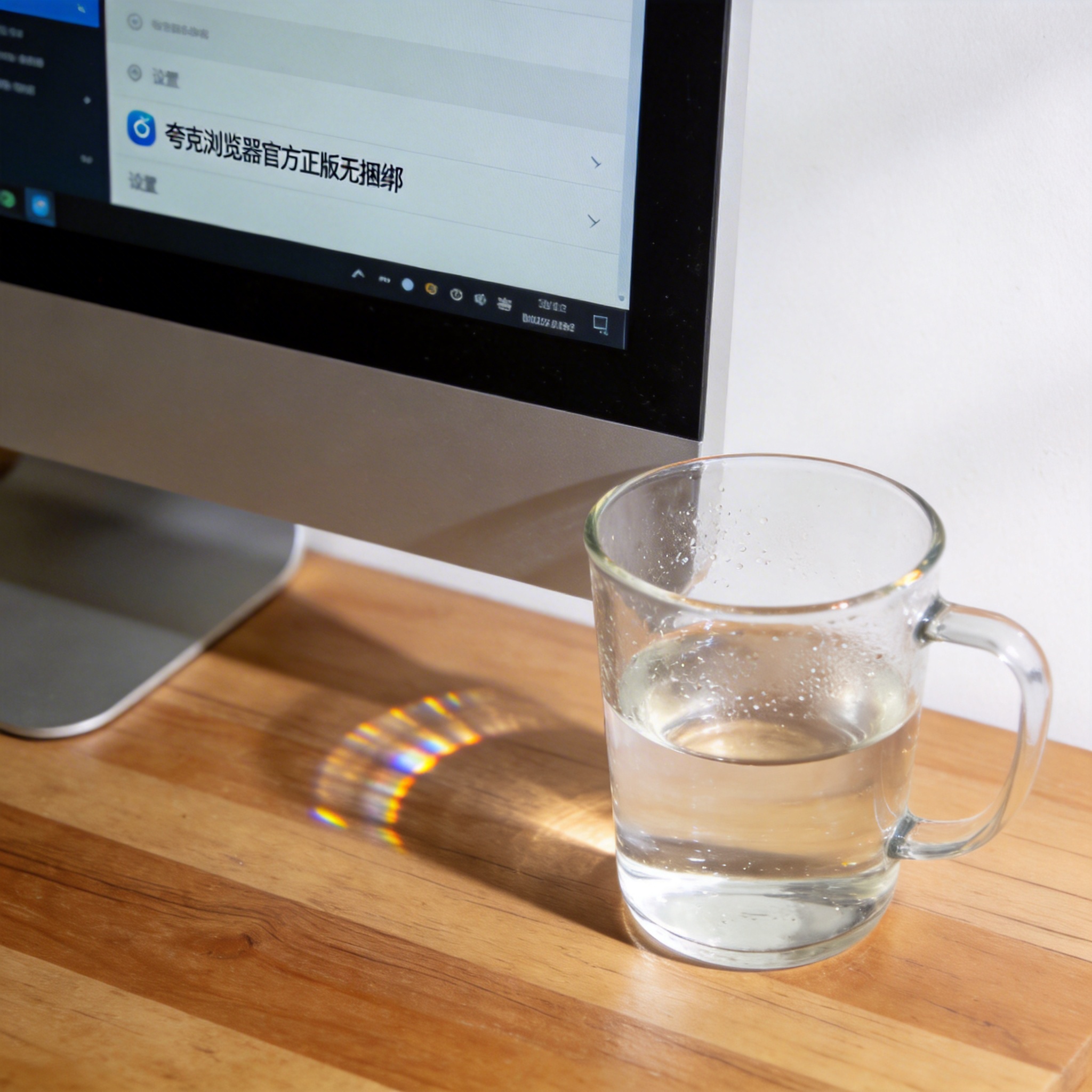 书桌上的主机，屏幕显示夸克浏览器官方正版无捆绑设置界面，桌角放着水杯，自然光