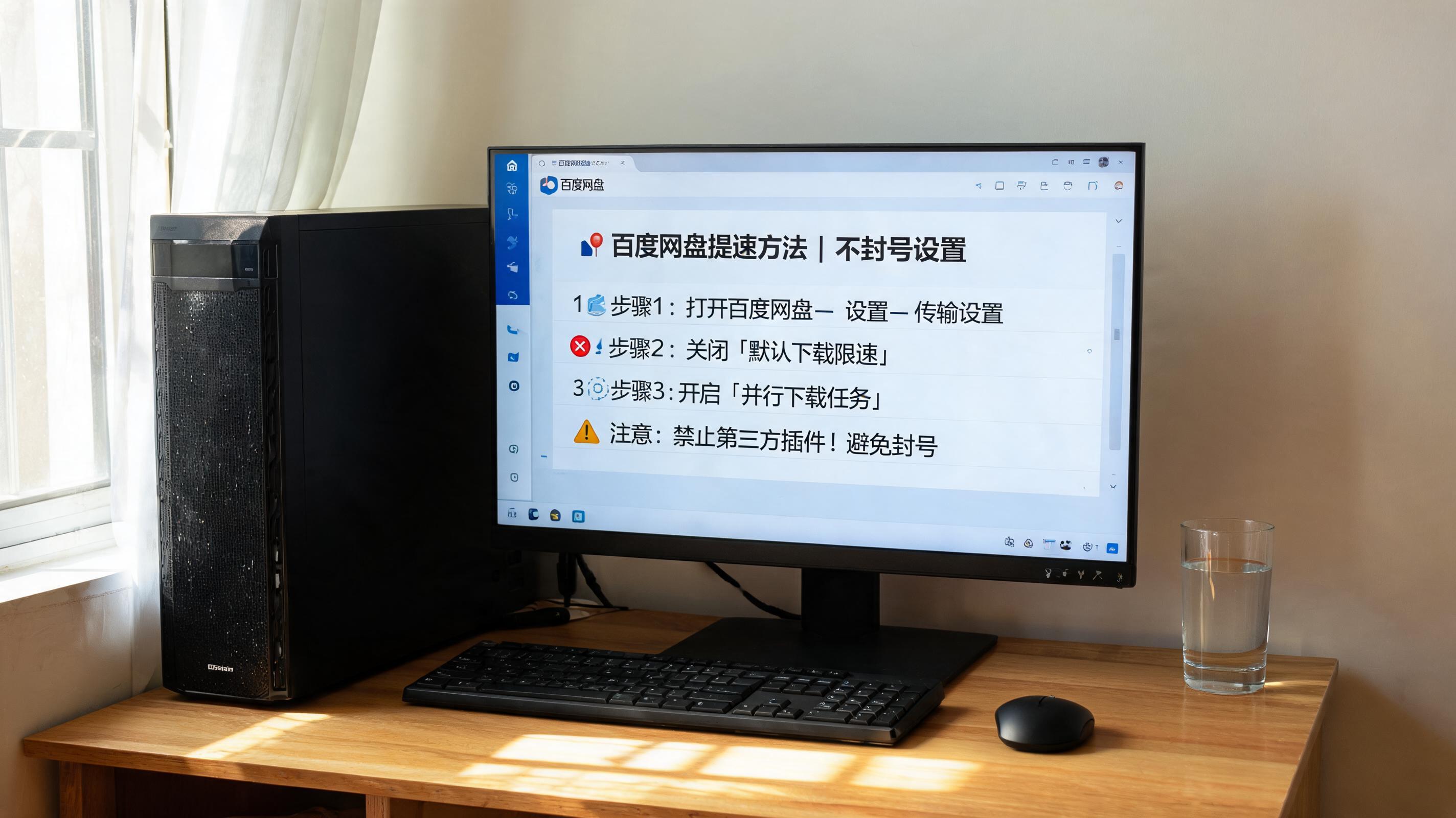 书桌上的主机，屏幕显示百度网盘提速方法不封号设置界面，桌角放着水杯，自然光