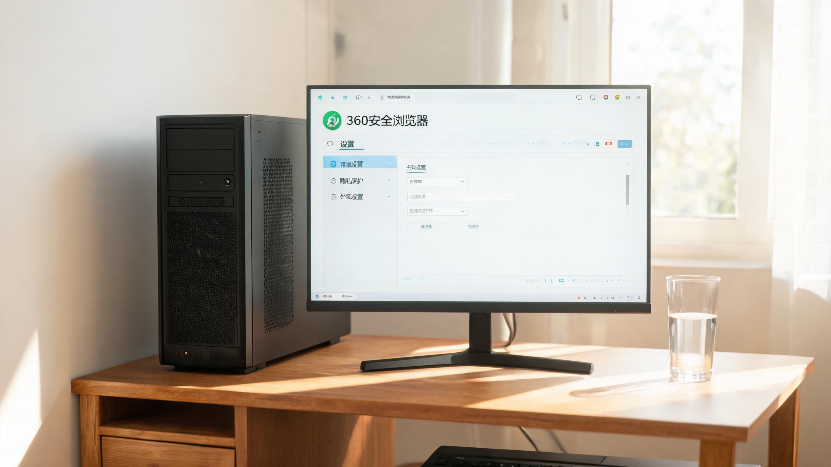 书桌上的主机，屏幕显示桌面端 360 安全浏览器设置界面，桌角放着水杯，自然光