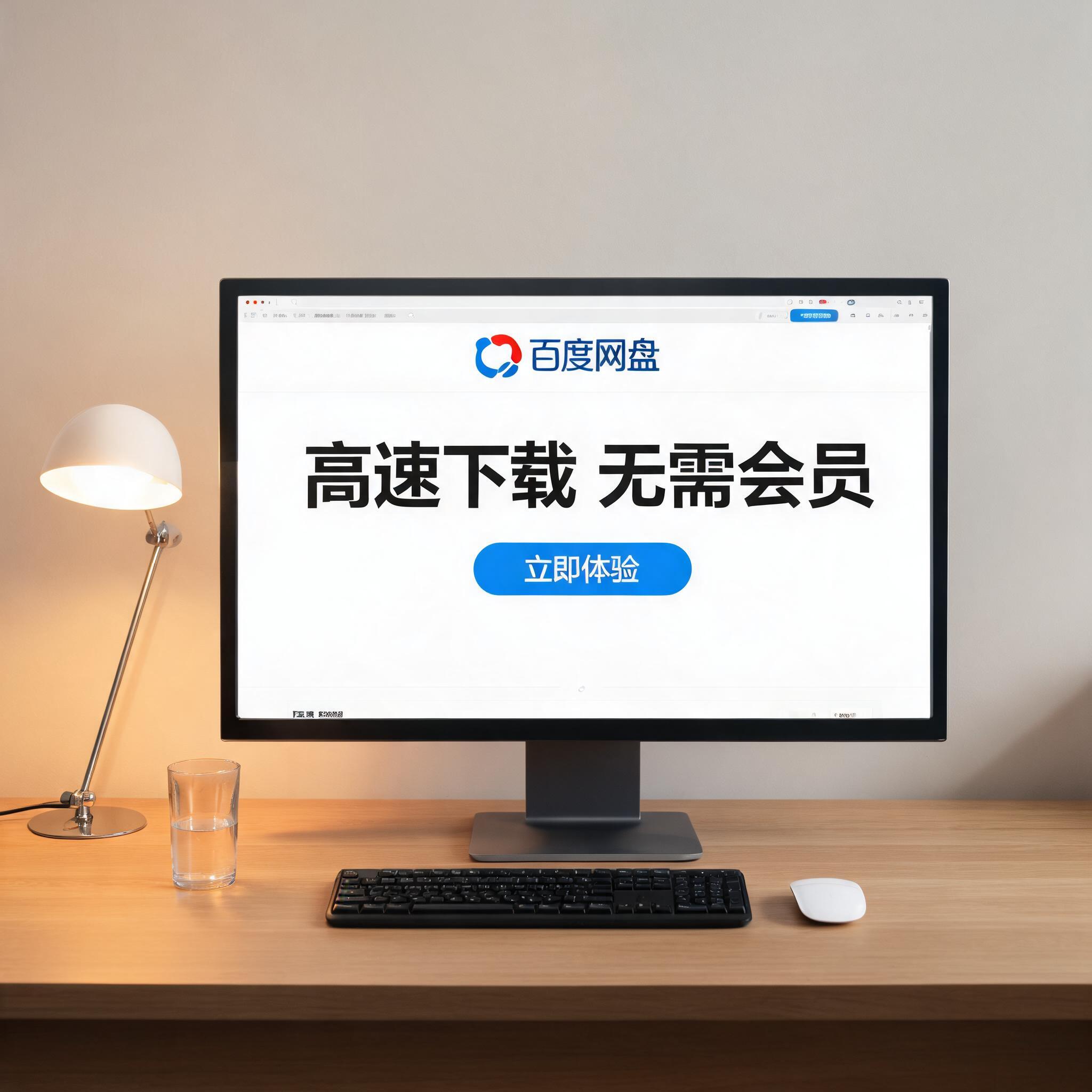 电脑桌上的电脑，屏幕显示百度网盘高速下载无需会员界面，旁边放着台灯