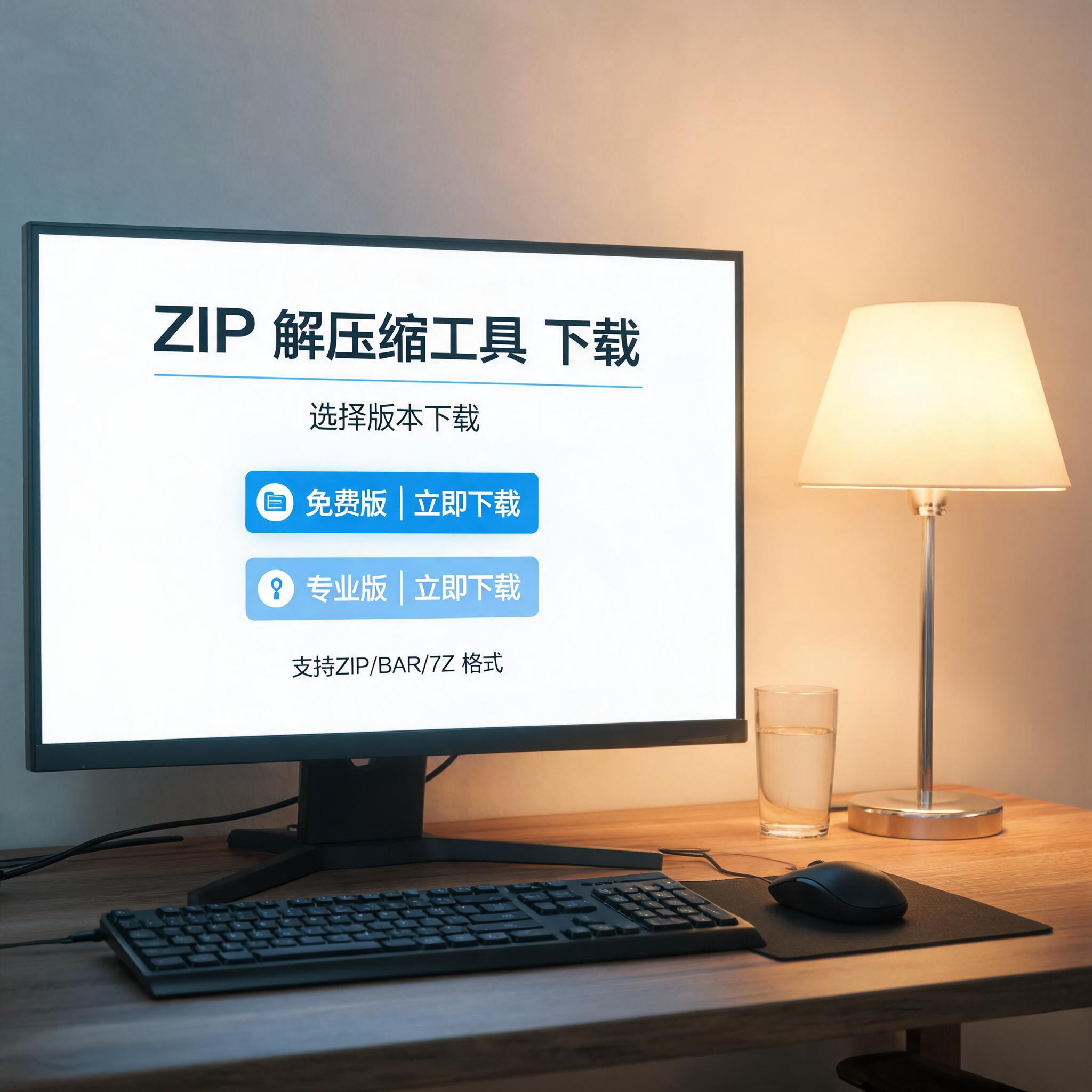 电脑桌上的电脑，屏幕显示zip 解压缩工具下载菜单，旁边放着台灯