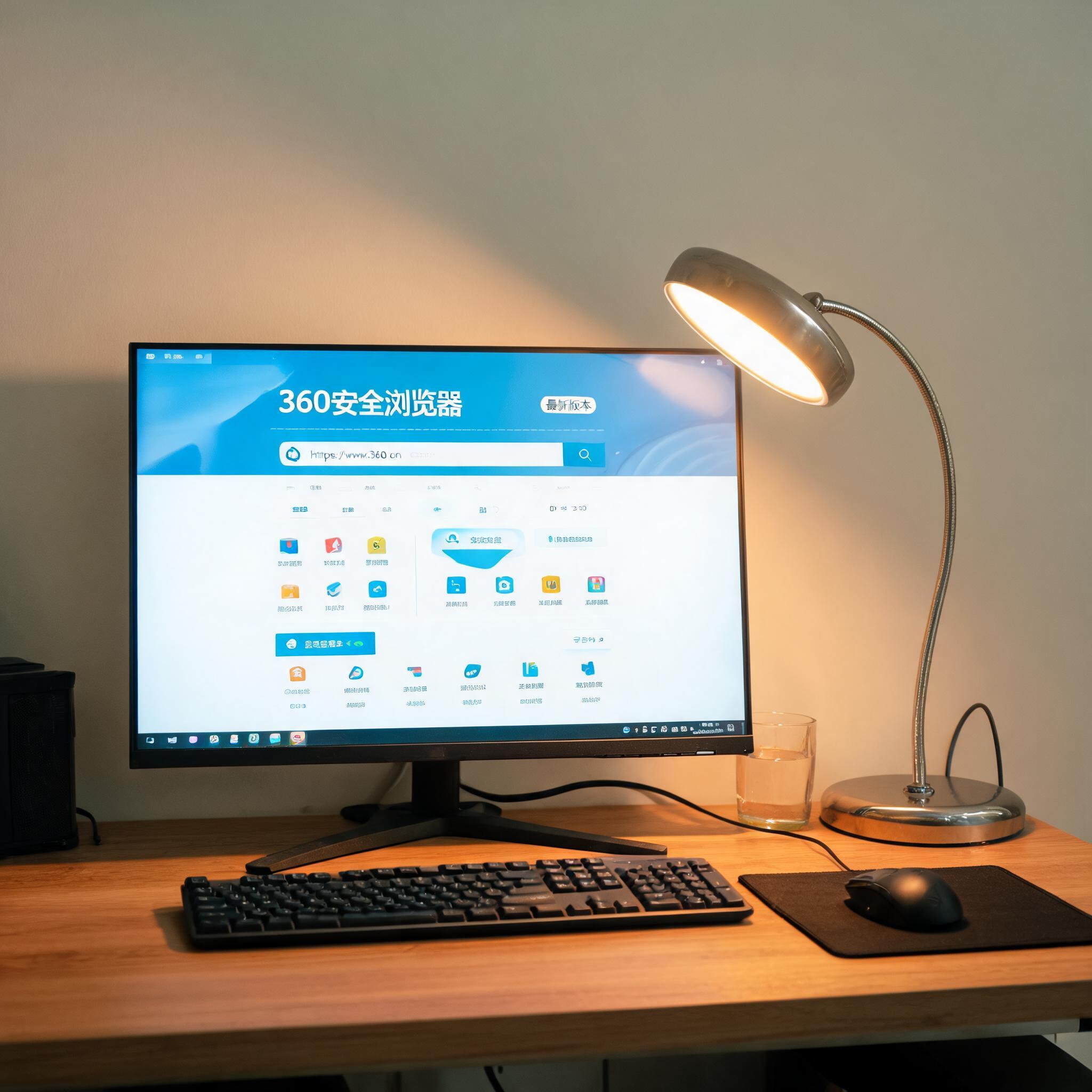 电脑桌上的电脑，屏幕显示360 安全浏览器最新版本界面，旁边放着台灯