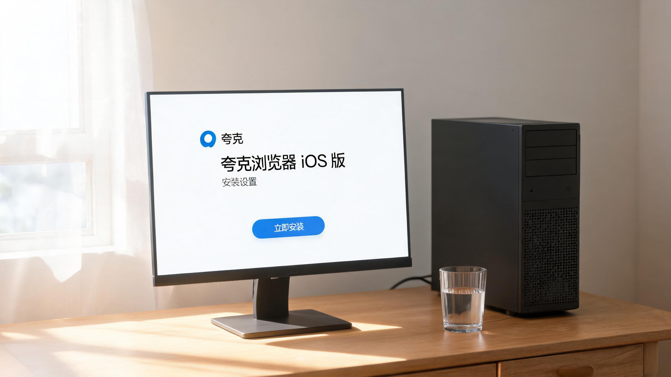 书桌上的主机，屏幕显示夸克浏览器苹果 iOS 版安装设置界面，桌角放着水杯，自然光