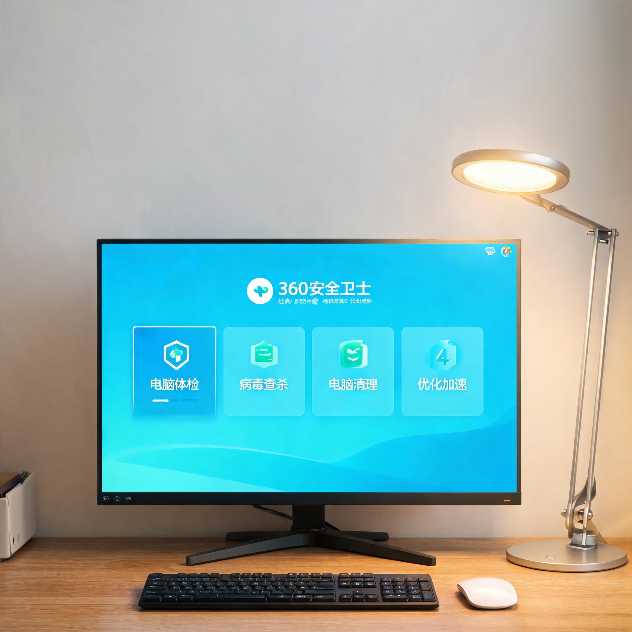 电脑桌上的电脑，屏幕显示360界面，旁边放着台灯