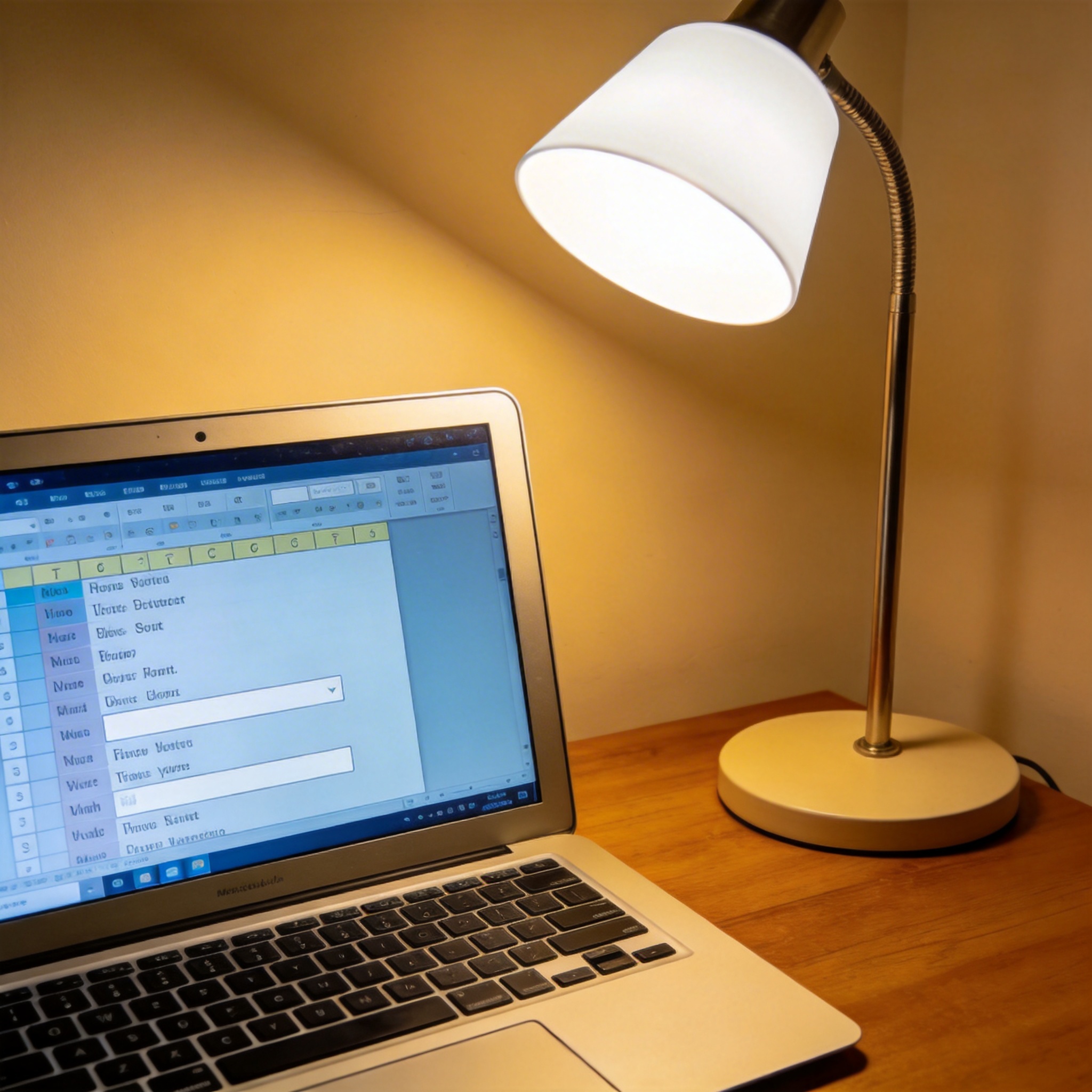 电脑桌上的电脑，屏幕显示输入法界面，旁边放着台灯