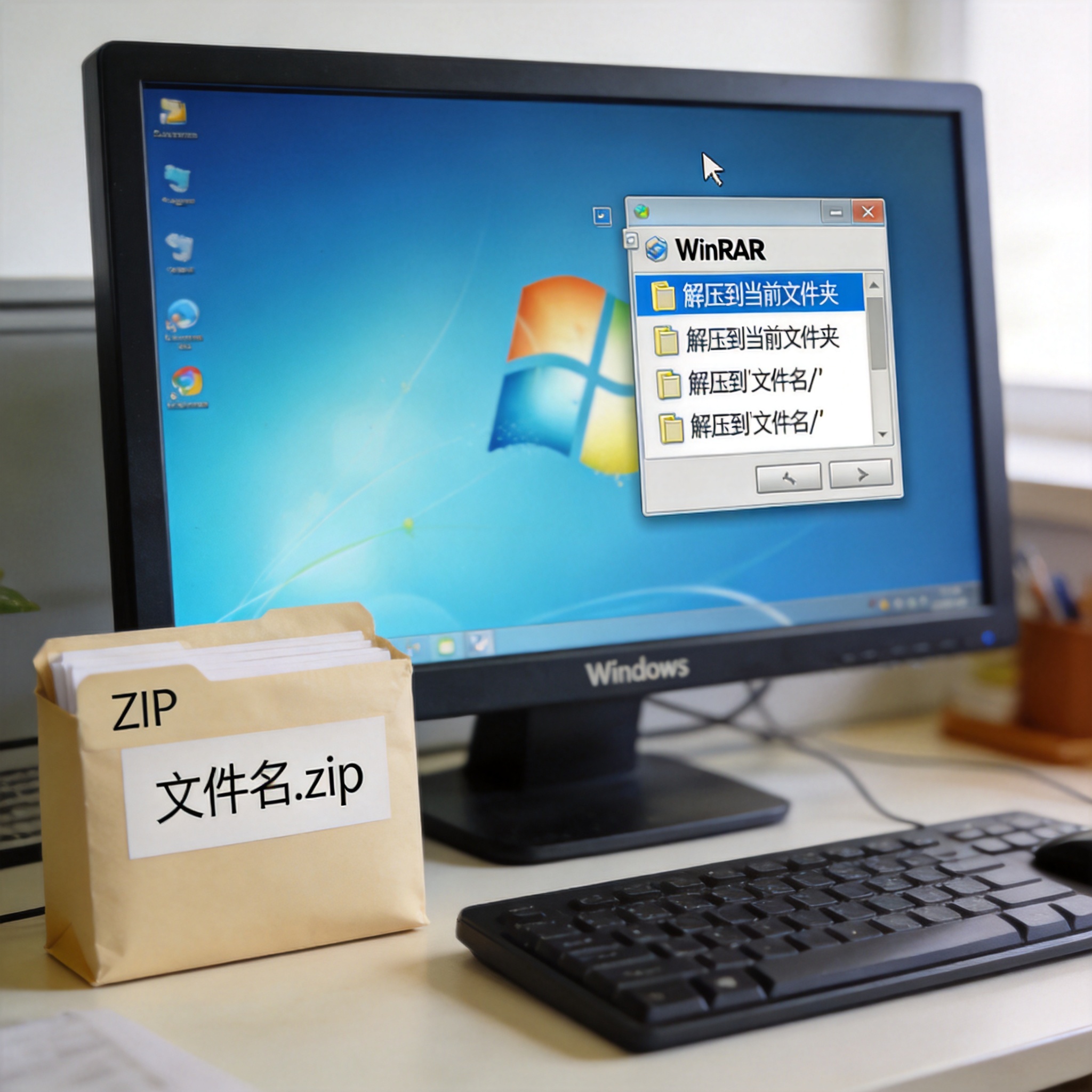 电脑桌的Windows系统电脑，屏幕显示右键弹出的菜单，菜单里有WinRAR的解压选项，桌面放着ZIP格式的压缩包，室内自然光