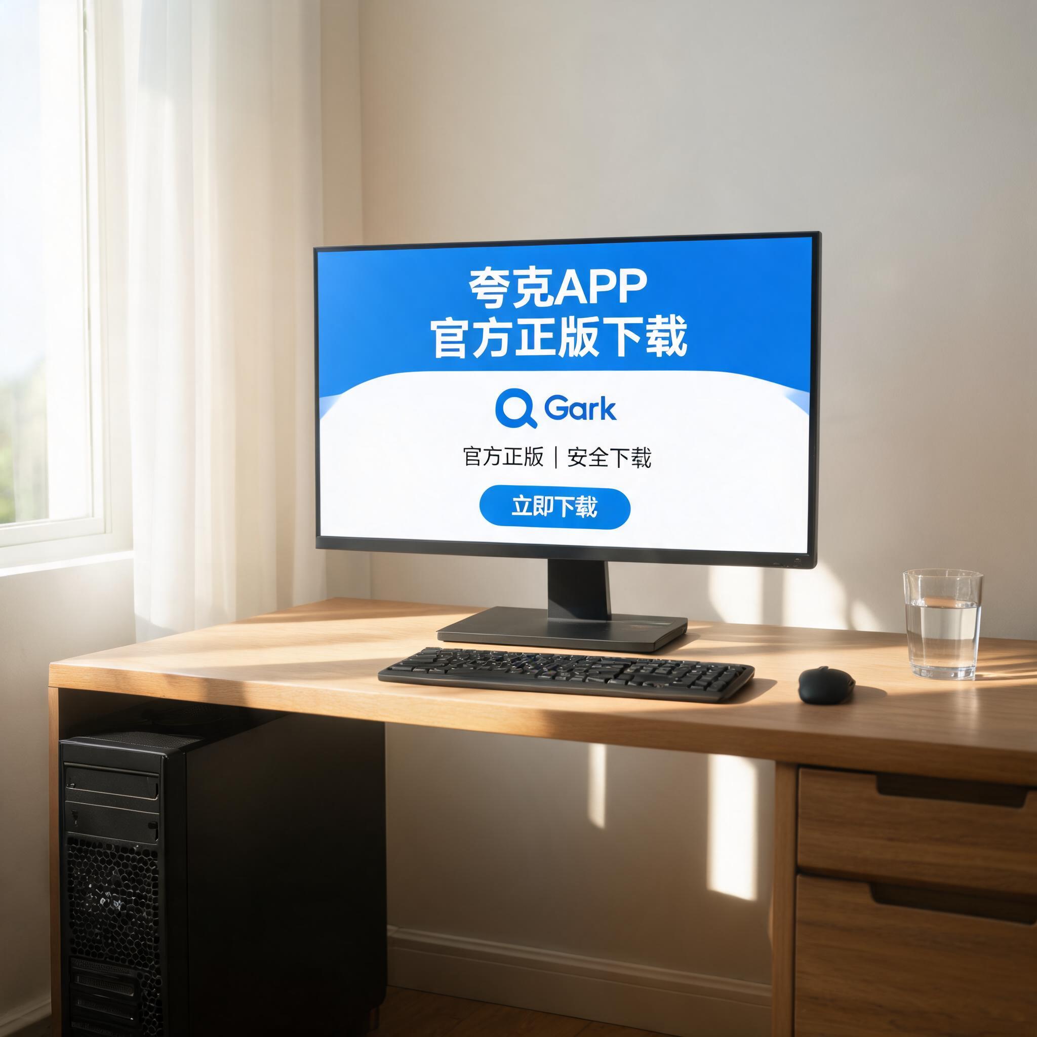 书桌上的主机，屏幕显示夸克 APP 官方正版下载设置界面，桌角放着水杯，自然光